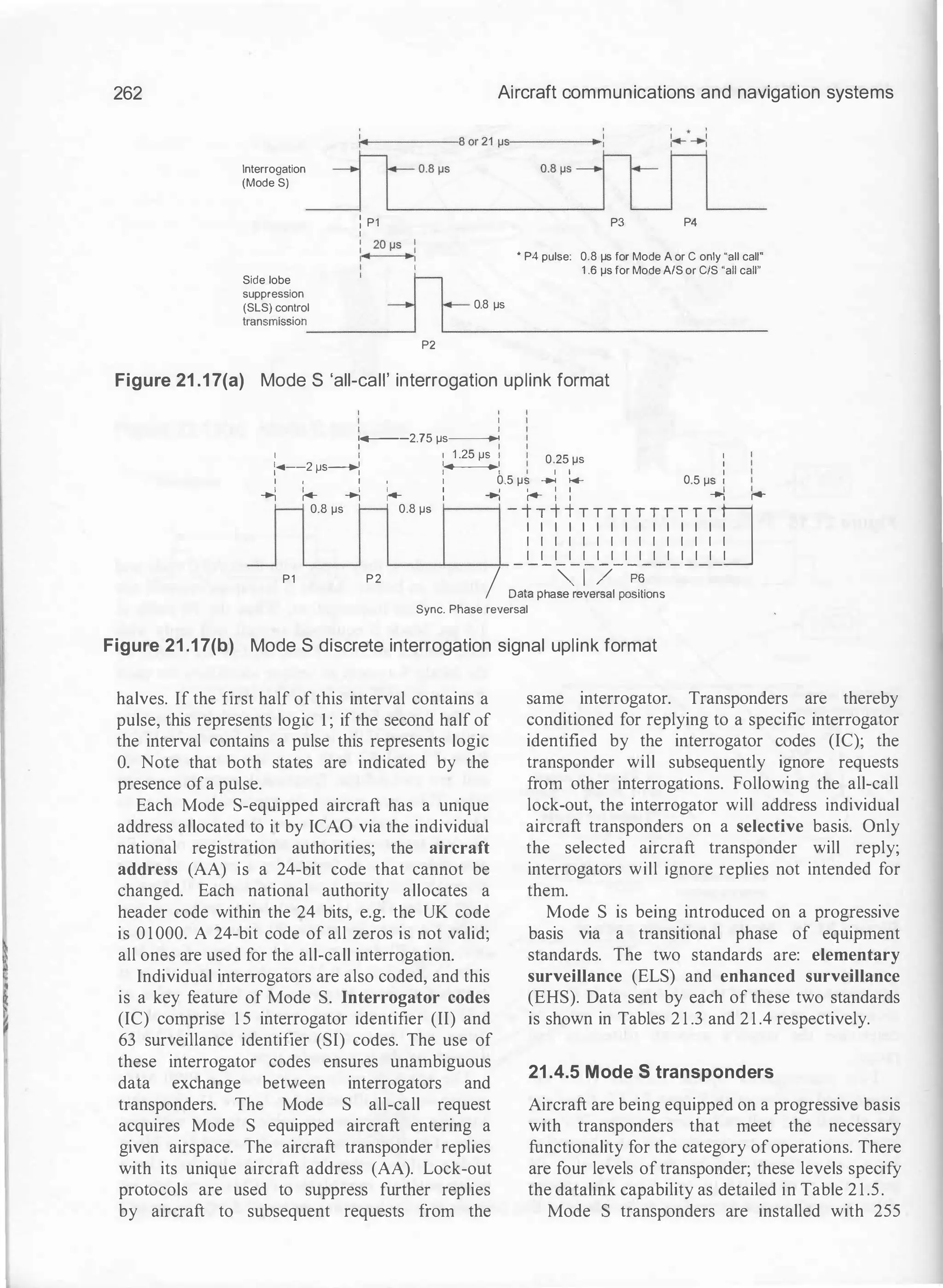 262 Aircraft communications and navigation systems
Interrogation
(ModeS)
: P1
I
�I
suppression
(SLS)control 0.8 �s
P3 P4
• P4pulse: 0.8 �sforModeAorConly"allcall"
1.6�sforModeAISorCIS"allcall"
Sidelobe -{}
transmission_
_
_
_
_
---' L
-
-
-
-
-
-
-
-
-
-
-
-
-
-
-
-
P2
Figure 21 .1 7(a) Mode S 'all-call' interrogation uplink format
I
I
I I
:+
-
2.75�s�
I I I 1.25�S I 0 25 I
:+--2�s--+{ �: I ��s :
I , I • I 0.5�S - 14- 0 5�S I
-: :- -: :- : -: :- : : -: ,...
- o.a�s - o.a�s - t -r t i T T T T T T r r r r
D
I I I I I I I I I I I I I I I
1 1 1 1 1 1 1 1 1 1 1 1 1 1 1
1 1 1 1 1 1 1 1 1 1 1 1 1 1 1
- P1 P2 I D�t�p�aSC?a���:n�----
Sync.Phasereversal
Figure 21 .1 7(b) Mode S discrete interrogation signal uplink format
halves. If the first half of this interval contains a
pulse, this represents logic 1 ; if the second half of
the interval contains a pulse this represents logic
0. Note that both states are indicated by the
presence ofa pulse.
Each Mode S-equipped aircraft has a unique
address allocated to it by ICAO via the individual
national registration authorities; the aircraft
address (AA) is a 24-bit code that cannot be
changed. Each national authority allocates a
header code within the 24 bits, e.g. the UK code
is 0 1 000. A 24-bit code of all zeros is not valid;
all ones are used for the all-call interrogation.
Individual interrogators are also coded, and this
is a key feature of Mode S. Interrogator codes
(IC) comprise 1 5 interrogator identifier (II) and
63 surveillance identifier (SI) codes. The use of
these interrogator codes ensures unambiguous
data exchange between interrogators and
transponders. The Mode S all-call request
acquires Mode S equipped aircraft entering a
given airspace. The aircraft transponder replies
with its unique aircraft address (AA). Lock-out
protocols are used to suppress further replies
by aircraft to subsequent requests from the
same interrogator. Transponders are thereby
conditioned for replying to a specific interrogator
identified by the interrogator codes (IC); the
transponder will subsequently ignore requests
from other interrogations. Following the all-call
lock-out, the interrogator will address individual
aircraft transponders on a selective basis. Only
the selected aircraft transponder will reply;
interrogators will ignore replies not intended for
them.
Mode S is being introduced on a progressive
basis via a transitional phase of equipment
standards. The two standards are: elementary
surveillance (ELS) and enhanced surveillance
(EHS). Data sent by each of these two standards
is shown in Tables 2 1 .3 and 2 1 .4 respectively.
21 .4.5 Mode S transponders
Aircraft are being equipped on a progressive basis
with transponders that meet the necessary
functionality for the category ofoperations. There
are four levels of transponder; these levels specify
the datalink capability as detailed in Table 2 1 .5.
Mode S transponders are installed with 255
 