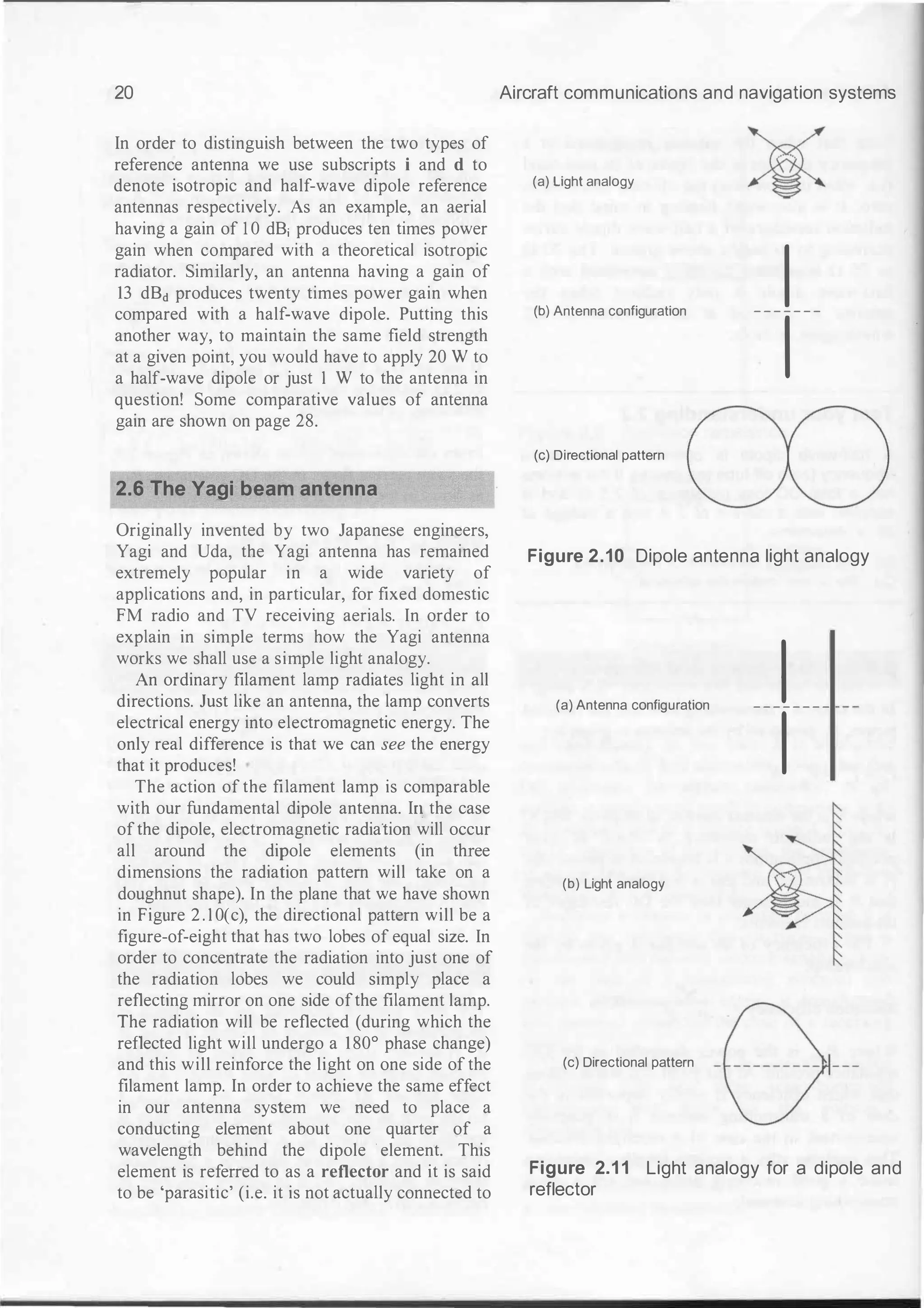 20
In order to distinguish between the two types of
reference antenna we use subscripts i and d to
denote isotropic and half-wave dipole reference
antennas respectively. As an example, an aerial
having a gain of 1 0 dB; produces ten times power
gain when compared with a theoretical isotropic
radiator. Similarly, an antenna having a gain of
13 dBd produces twenty times power gain when
compared with a half-wave dipole. Putting this
another way, to maintain the same field strength
at a given point, you would have to apply 20 W to
a half-wave dipole or just 1 W to the antenna in
question! Some comparative values of antenna
gain are shown on page 28.
2.6 The Vagi beam antenna
Originally invented by two Japanese engineers,
Yagi and Uda, the Yagi antenna has remained
extremely popular in a wide variety of
applications and, in particular, for fixed domestic
FM radio and TV receiving aerials. In order to
explain in simple terms how the Yagi antenna
works we shall use a simple light analogy.
An ordinary filament lamp radiates light in all
directions. Just like an antenna, the lamp converts
electrical energy into electromagnetic energy. The
only real difference is that we can see the energy
that it produces!
The action of the filament lamp is comparable
with our fundamental dipole antenna. Ill; the case
ofthe dipole, electromagnetic radiation will occur
all around the dipole elements (in three
dimensions the radiation pattern will take on a
doughnut shape). In the plane that we have shown
in Figure 2 . 1 0(c), the directional pattern will be a
figure-of-eight that has two lobes of equal size. In
order to concentrate the radiation into just one of
the radiation lobes we could simply place a
reflecting mirror on one side ofthe filament lamp.
The radiation will be reflected (during which the
reflected light will undergo a 180° phase change)
and this will reinforce the light on one side of the
filament lamp. In order to achieve the same effect
in our antenna system we need to place a
conducting element about one quarter of a
wavelength behind the dipole · element. This
element is referred to as a reflector and it is said
to be 'parasitic' (i.e. it is not actually connected to
Aircraft communications and navigation systems
(a) Light analogy
(b) Antenna configuration
I
- - - - - - -
1
(c) Directional pattern
Figure 2.10 Dipole antenna light analogy
(a) Antenna configuration I
- - - - - - - -
1
(b) Light analogy
(c) Directional pattern
Figure 2.1 1 Light analogy for a dipole and
reflector
 