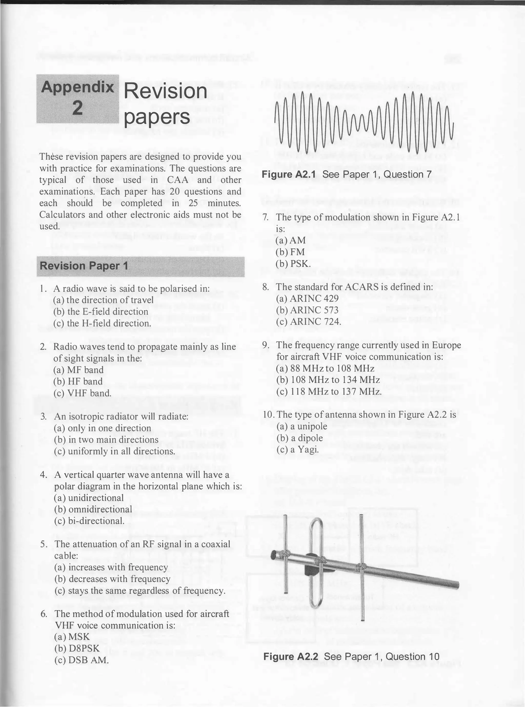 Append
.
ix Revision
--
2
�
- papers
These revision papers are designed to provide you
with practice for examinations. The questions are
typical of those used in CAA and other
examinations. Each paper has 20 questions and
each should be completed in 25 minutes.
Calculators and other electronic aids must not be
used.
Revision Paper 1
l . A radio wave is said to be polarised in:
(a) the direction oftravel
(b) the E-field direction
(c) the H-field direction.
2. Radio waves tend to propagate mainly as line
of sight signals in the:
(a) MF band
(b) HF band
(c) VHF band.
3. An isotropic radiator will radiate:
(a) only in one direction
(b) in two main directions
(c) uniformly in all directions.
4. A vertical quarter wave antenna will have a
polar diagram in the horizontal plane which is:
(a) unidirectional
(b) omnidirectional
(c) bi-directional.
5. The attenuation of an RF signal in a coaxial
cable:
(a) increases with frequency
(b) decreases with frequency
(c) stays the same regardless of frequency.
6. The method ofmodulation used for aircraft
VHF voice communication is:
(a) MSK
(b) D8PSK
(c) DSB AM.
Figure A2.1 See Paper 1 , Question 7
7. The type of modulation shown in Figure A2. 1
is:
(a) AM
(b) FM
(b) PSK.
8. The standard for ACARS is defined in:
(a) ARINC 429
(b) ARINC 573
(c) ARINC 724.
9. The frequency range currently used in Europe
for aircraft VHF voice communication is:
(a) 88 MHz to 108 MHz
(b) 1 08 MHz to 1 34 MHz
(c) 1 1 8 MHz to 137 MHz.
10. The type ofantenna shown in Figure A2.2 is
(a) a unipole
(b) a dipole
(c) a Yagi.
Figure A2.2 See Paper 1 , Question 1 0
 