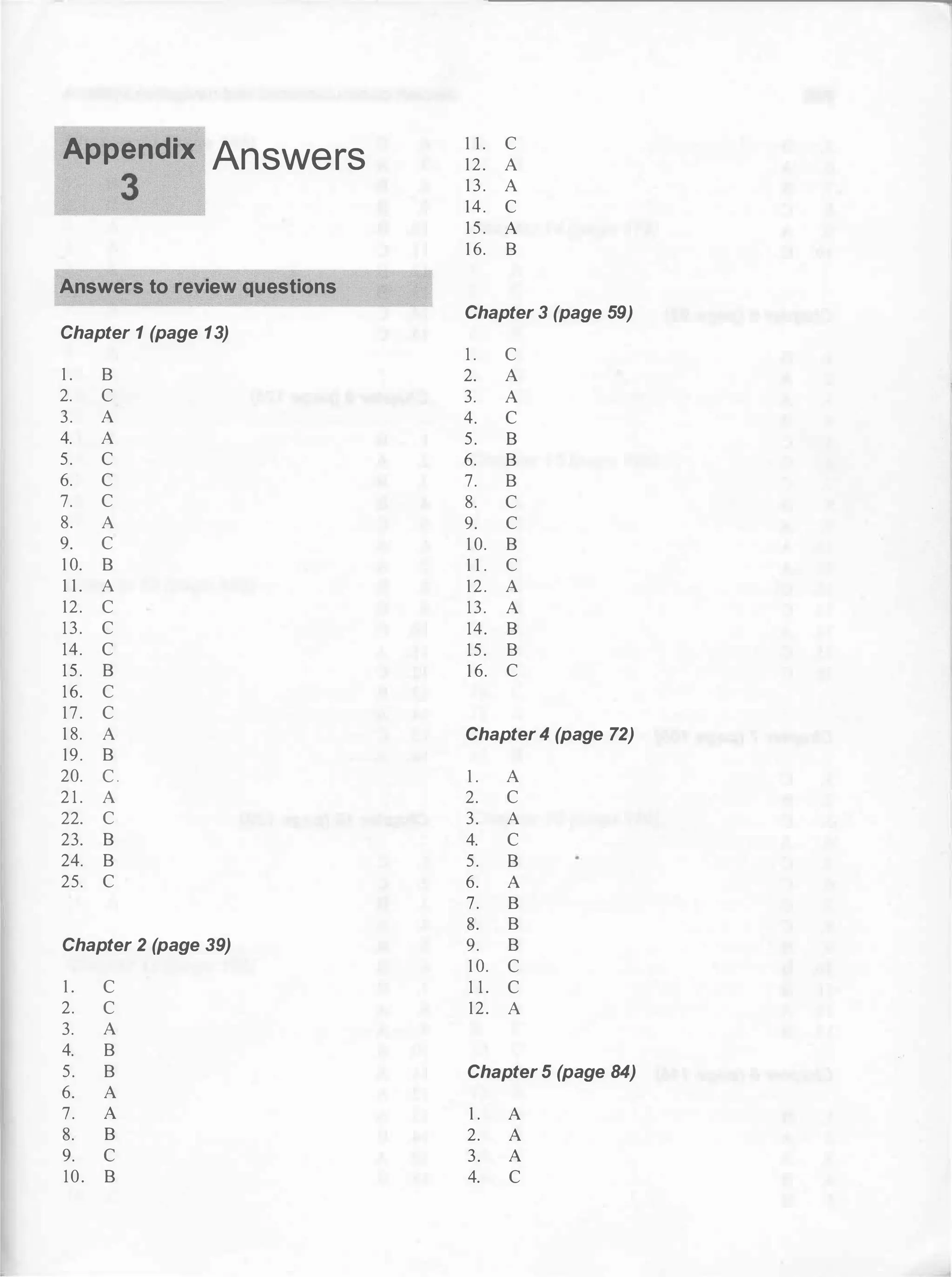 Appendix Answers
1 1 . c
12. A
3 13. A
14. c
1 5 . A
1 6. B
Answers to review questions
Chapter 3 (page 59)
Chapter 1 (page 13)
1 . c
1 . B 2. A
2. c 3. A
3. A 4. c
4. A 5. B
5. c 6. B
6. c 7. B
7. c 8. c
8. A 9. c
9. c 1 0. B
1 0. B 1 1 . c
1 1 . A 12. A
12. c 13. A
13. c 14. B
14. c 15. B
15. B 1 6. c
16. c
17. c
1 8. A Chapter4 (page 72)
19. B
20. C . 1 . A
2 1 . A 2. c
22. c 3. A
23. B 4. c
24. B 5. B
25. c 6. A
7. B
8. B
Chapter 2 (page 39) 9. B
1 0. c
1 . c 1 1 . c
2. c 12. A
3. A
4. B
5. B Chapter 5 (page 84)
6. A
7. A 1 . A
8. B 2. A
9. c 3. A
10. B 4. c
 