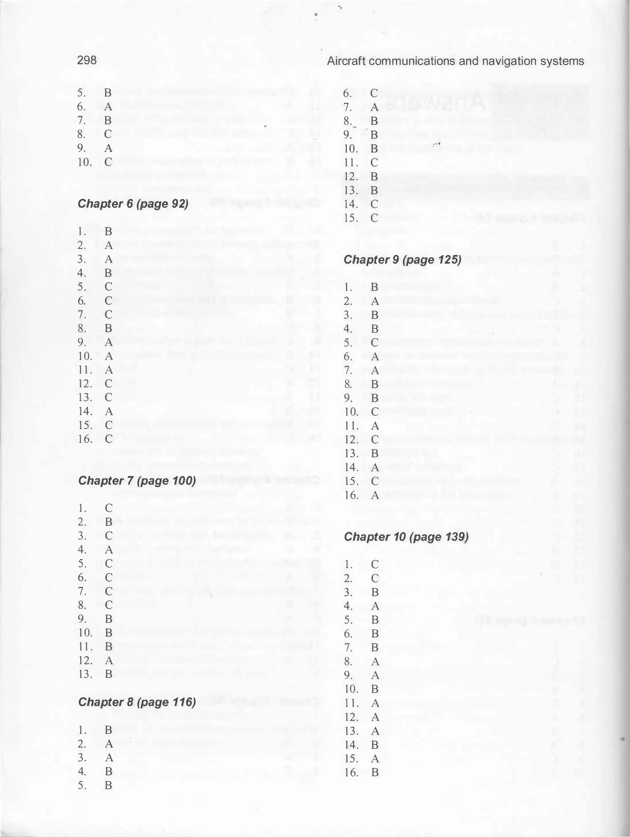 ..
298 Aircraft communications and navigation systems
5. B 6. c
6. A 7. A
7. B 8. B
8. c 9. B
9. A 10. B
···Of
10. c 1 1 . c
12. B
13. B
Chapter 6 (page 92) 14. c
1 5 . c
1 . B
2. A
3. A Chapter 9 (page 125)
4. B
5. c 1 . B
6. c 2. A
7. c 3. B
8. B 4. B
9. A 5. c
1 0. A 6. A
1 1 . A 7. A
12. c 8. B
1 3. c 9. B
14. A 1 0. c
1 5 . c 1 1 . A
1 6. c 12. c
13. B
14. A
Chapter 7 (page 100) 1 5 . c
1 6. A
1 . c
2. B
3. c Chapter 10 (page 139)
4. A
5. c 1 . c
6. c 2. c
7. c 3. B
8. c 4. A
9. B 5. B
1 0. B 6. B
1 1 . B 7. B
12. A 8. A
13. B 9. A
10. B
Chapter 8 (page 116) 1 1 . A
12. A
1 . B 13. A
2. A 14. B
3. A 15. A
4. B 1 6. B
5. B
 