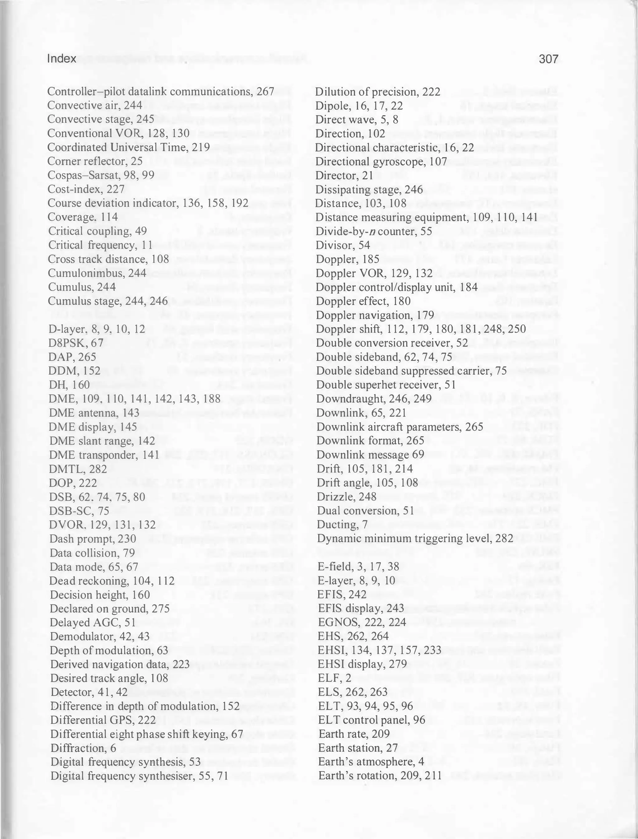 Index
Controller-pilot datalink communications, 267
Convective air, 244
Convective stage, 245
Conventional VOR, 128, 1 30
Coordinated Universal Time, 2 1 9
Corner reflector, 25
Cospas-Sarsat, 98, 99
Cost-index, 227
Course deviation indicator, 1 36, 158, 192
Coverage. 1 14
Critical coupling, 49
Critical frequency, 1 1
Cross track distance, I 08
Cumulonimbus, 244
Cumulus, 244
Cumulus stage, 244, 246
D-layer. 8, 9. 10, 12
D8PSK, 67
DAP, 265
DDM, 1 52
DH, 1 60
DME, 109, 1 10, 141, 142, 143, 1 88
DME antenna 143
DME display 145
DME slant range, 142
DME transponder, 141
DMTL, 282
DOP, 222
DSB, 62. 74, 75, 80
DSB-SC, 75
DVOR 129, 1 3 1 , 1 32
Dash prompt, 230
Data collision, 79
Data mode, 65, 67
Dead reckoning, 104, 1 12
Decision height, 1 60
Declared on ground, 275
Delayed AGC, 5 1
Demodulator, 42, 43
Depth ofmodulation, 63
Derived navigation data, 223
Desired track angle, 1 08
Detector, 4 1 , 42
Difference in depth of modulation, 1 52
Differential GPS, 222
Differential eight phase shift keying, 67
Diffraction, 6
Digital frequency synthesis, 53
Digital frequency synthesiser, 55, 7 1
Dilution ofprecision, 222
Dipole, 1 6, 1 7, 22
Direct wave, 5, 8
Direction, 1 02
Directional characteristic, 1 6, 22
Directional gyroscope, 1 07
Director, 21
Dissipating stage, 246
Distance, 103, 108
Distance measuring equipment, 1 09, 1 1 0, 141
Divide-by-n counter, 55
Divisor, 54
Doppler, 1 85
Doppler VOR, 129, 1 32
Doppler control/display unit, 1 84
Doppler effect, 1 80
Doppler navigation, 1 79
Doppler shift, 1 12, 1 79, 1 80, 1 8 1 , 248, 250
Double conversion receiver, 52
Double sideband, 62, 74, 75
Double sideband suppressed carrier, 75
Double superhet receiver, 5 1
Downdraught, 246, 249
Downlink, 65, 221
Downlink aircraft parameters, 265
Downlink format, 265
Downlink message 69
Drift, 105, 1 8 1 , 214
Drift angle, 105, 1 08
Drizzle, 248
Dual conversion, 5 1
Ducting, 7
Dynamic minimum triggering level, 282
E-field, 3, 1 7, 38
E-1ayer, 8, 9, 10
EFIS, 242
EFIS display, 243
EGNOS, 222, 224
EHS, 262, 264
EHSI, 1 34, 1 37, 1 57, 233
EHSI display, 279
ELF, 2
ELS, 262, 263
ELT, 93, 94, 95, 96
ELT control panel, 96
Earth rate, 209
Earth station, 27
Earth's atmosphere, 4
Earth's rotation, 209, 2 1 1
307
 
