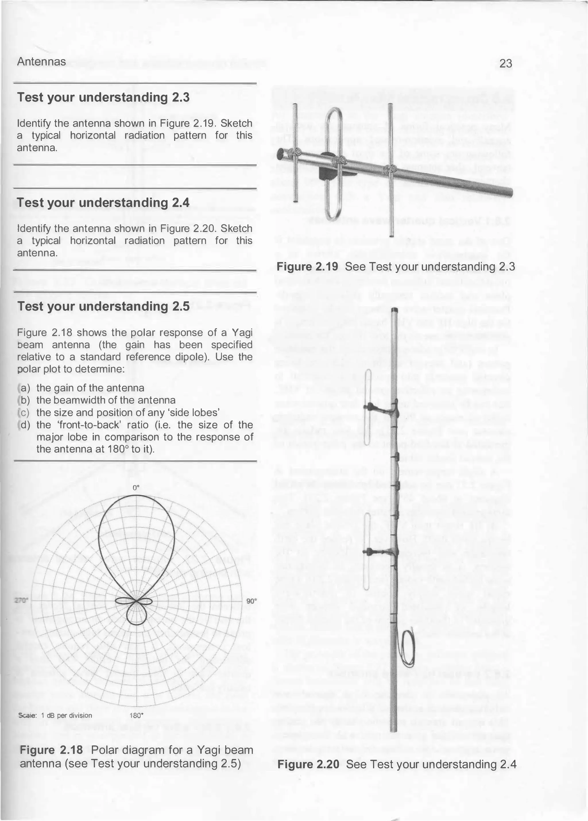 Antennas
Test your understanding 2.3
Identify the antenna shown in Figure 2.19. Sketch
a typical horizontal radiation pattern for this
antenna.
Test your understanding 2.4
Identify the antenna shown in Figure 2.20. Sketch
a typical horizontal radiation pattern for this
antenna.
Test your understanding 2.5
Figure 2.1 8 shows the polar response of a Yagi
oeam antenna (the gain has been specified
relative to a standard reference dipole). Use the
oolar plot to determine:
a) the gain of the antenna
b) the beamwidth of the antenna
c) the size and position of any 'side lobes'
d) the 'front-to-back' ratio (i.e. the size of the
major lobe in comparison to the response of
the antenna at 1 80° to it).
o•
5ca1!: 1 dB per division 1so•
Figure 2.18 Polar diagram for a Vagi beam
antenna (see Test your understanding 2.5)
23
Figure 2.19 See Test your understanding 2.3
Figure 2.20 See Test your understanding 2.4
 