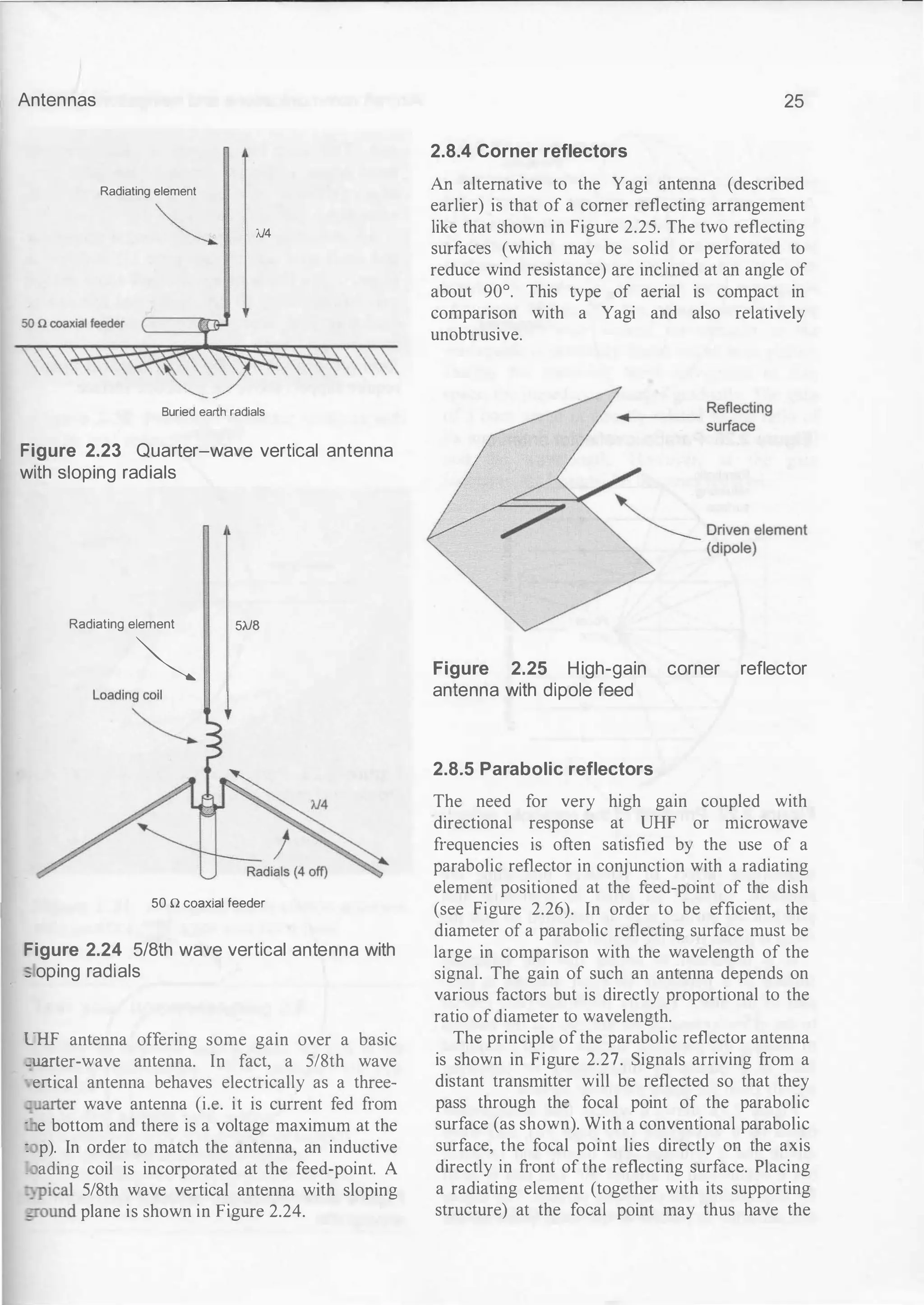 Antennas
Radiating element
),}4
Buried earth radials
Figure 2.23 Quarter-wave vertical antenna
with sloping radials
Radiating element 5/J8
�
50 n coaxial feeder
Figure 2.24 5/8th wave vertical antenna with
_ oping radials
:..m antenna offering some gain over a basic
_wuter-wave antenna. In fact, a 5/8th wave
ertical antenna behaves electrically as a three­
after wave antenna (i.e. it is current fed from
· e bottom and there is a voltage maximum at the
: p). In order to match the antenna, an inductive
_ ading coil is incorporated at the feed-point. A
-:"Pica! 5/8th wave vertical antenna with sloping
..::ound plane is shown in Figure 2.24.
25
2.8.4 Corner reflectors
An alternative to the Yagi antenna (described
earlier) is that of a comer reflecting arrangement
like that shown in Figure 2.25. The two reflecting
surfaces (which may be solid or perforated to
reduce wind resistance) are inclined at an angle of
about 90°. This type of aerial is compact in
comparison with a Yagi and also relatively
unobtrusive.
Figure 2.25 High-gain corner reflector
antenna with dipole feed
2.8.5 Parabolic reflectors
The need for very high gain coupled with
directional response at UHF or microwave
frequencies is often satisfied by the use of a
parabolic reflector in conjunction with a radiating
element positioned at the feed-point of the dish
(see Figure 2.26). In order to be efficient, the
diameter of a parabolic reflecting surface must be
large in comparison with the wavelength of the
signal. The gain of such an antenna depends on
various factors but is directly proportional to the
ratio ofdiameter to wavelength.
The principle of the parabolic reflector antenna
is shown in Figure 2.27. Signals arriving from a
distant transmitter will be reflected so that they
pass through the focal point of the parabolic
surface (as shown). With a conventional parabolic
surface, the focal point lies directly on the axis
directly in front of the reflecting surface. Placing
a radiating element (together with its supporting
structure) at the focal point may thus have the
 