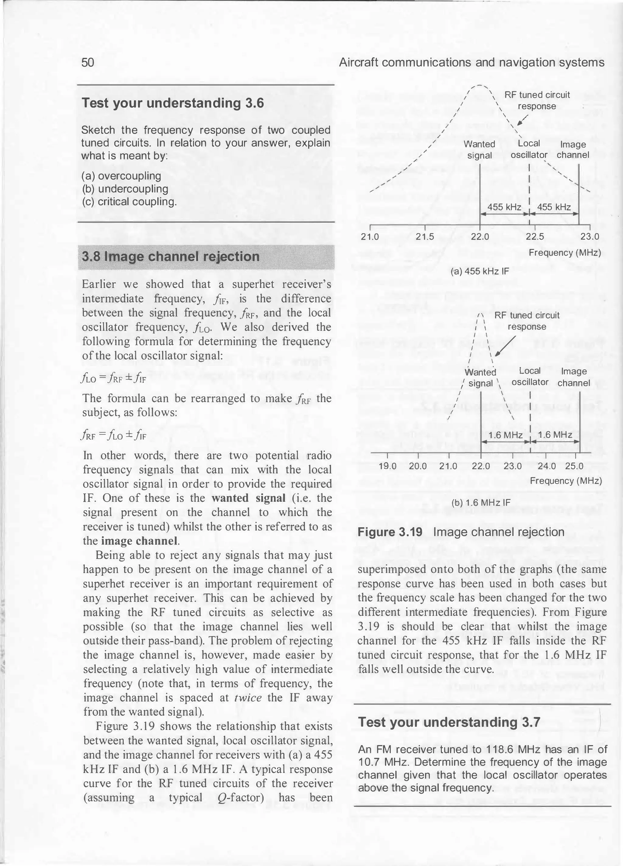I
�I
���
50
Test your understanding 3.6
Sketch the frequency response of two coupled
tuned circuits. In relation to your answer, explain
what is meant by:
(a) overcoupling
(b) undercoupling
(c) critical coupling.
3.8 Image channel rejection
Earlier we showed that a superhet receiver's
intermediate frequency, fw, is the difference
between the signal frequency, /RF, and the local
oscillator frequency, fL0. We also derived the
following formula for determining the frequency
ofthe local oscillator signal:
f
w =/RF ±fiF
The formula can be rearranged to make /
RF the
subject, as follows:
!
Rr =f
w ±fw
In other words, there are two potential radio
frequency signals that can mix with the local
oscillator signal in order to provide the required
IF. One of these is the wanted signal (i.e. the
signal present on the channel to which the
receiver is tuned) whilst the other is referred to as
the image channel.
Being able to reject any signals that may just
happen to be present on the image channel of a
superhet receiver is an important requirement of
any superhet receiver. This can be achieved by
making the RF tuned circuits as selective as
possible (so that the image channel lies well
outside their pass-band). The problem of rejecting
the image channel is, however, made easier by
selecting a relatively high value of intermediate
frequency (note that, in terms of frequency, the
image channel is spaced at twice the IF away
from the wanted signal).
Figure 3 . 1 9 shows the relationship that exists
between the wanted signal, local oscillator signal,
and the image channel for receivers with (a) a 455
kHz IF and (b) a 1 .6 MHz IF. A typical response
curve for the RF tuned circuits of the receiver
(assuming a typical Q-factor) has been
Aircraft communications and navigation systems
/
/
21.0
/
/
/
/
/
I
/
I
I
I
21.5
I
I
I
I
I
I
I
I
/
I
'
 RF tuned circuit
 response
 /


'
Wanted Local Image
signal oscillator channel
'
'
'
'
'
455 kHz 455 kHz
22.0 22.5 23.0
Frequency (MHz)
(a) 455 kHz IF
I
I
I
I
I
" RF tuned circuit
I I
1 1 response
/  /
I I
I I
I I
Wanted Local Image
/ signal oscillator channel
1 .6 MHz 1 .6 MHz
19.0 20.0 21.0 22.0 23.0 24.0 25.0
Frequency (MHz)
(b) 1.6 MHz IF
Figure 3.19 Image channel rejection
superimposed onto both of the graphs (the same
response curve has been used in both cases but
the frequency scale has been changed for the two
different intermediate frequencies). From Figure
3.19 is should be clear that whilst the image
channel for the 455 kHz IF falls inside the RF
tuned circuit response, that for the 1 .6 MHz IF
falls well outside the curve.
Test your understanding 3.7
An FM receiver tuned to 1 1 8.6 MHz has an IF of
1 0.7 MHz. Determine the frequency of the image
channel given that the local oscillator operates
above the signal frequency.
 