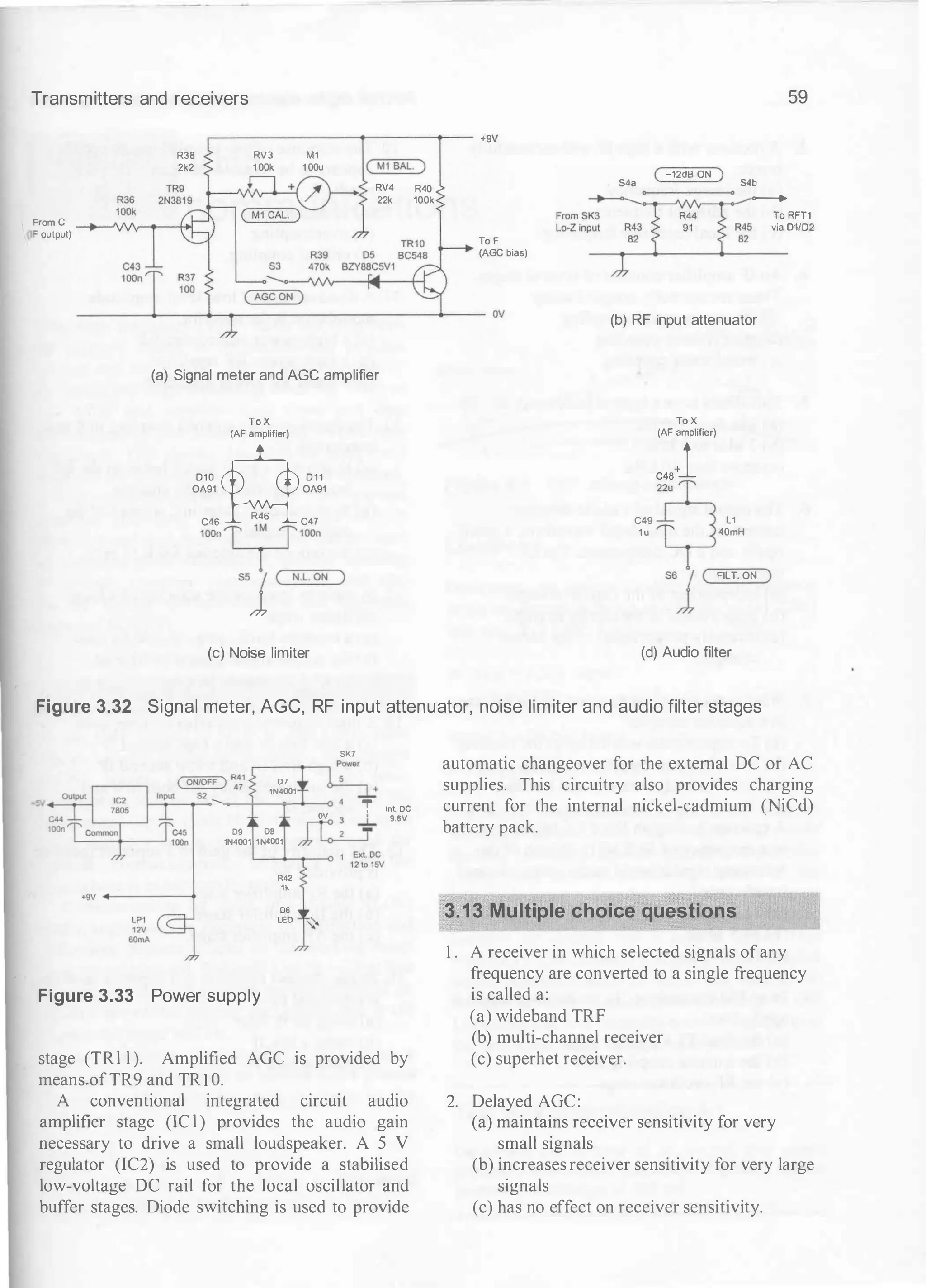 Transmitters and receivers 59
r----------.------ +9V
From e
tF output)
R38
2k2
RV3
100k
M1
1 00u �
RV4 R40
22k 100k
(a) Signal meter and AGC amplifier
To X
(AF amplifier)
010 �011
OA91 OA91
C4S
R46
C47
100n �100n
S5
I ( N.L. ON
l
(c) Noise limiter
To F
(AGC bias)
S4a
( -12dB ON ) 54b
---
-
---'
AA-
�
-- -
(b) RF input attenuator
To X
(AF amplifier)
C48
+
1
Q
C49 L1
1u 40mH
S6j ( FILT. ON
(d) Audio filter
To RFT1
via 01/02
Figure 3.32 Signal meter, AGC, RF input attenuator, noise limiter and audio filter stages
07
1N4001
SK7
: lnl DC
OV 3 _L 9.6V
09 08 n-o ; ...;
1N4001 1N4001 "* �
Figure 3.33 Power supply
R42
1k
06
LEO �
stage (TRl l ). Amplified AGC is provided by
means.ofTR9 and TRI O.
A conventional integrated circuit audio
amplifier stage (IC l ) provides the audio gain
necessary to drive a small loudspeaker. A 5 V
regulator (IC2) .is used to provide a stabilised
low-voltage DC rail for the local oscillator and
buffer stages. Diode switching is used to provide
automatic changeover for the external DC or AC
supplies. This circuitry also provides charging
current for the internal nickel-cadmium (NiCd)
battery pack.
3.13 Multiple choice questions
1 . A receiver in which selected signals ofany
frequency are converted to a single frequency
is called a:
(a) wideband TRF
(b) multi-channel receiver
(c) superhet receiver.
2. Delayed AGC:
(a) maintains receiver sensitivity for very
small signals
(b) increases receiver sensitivity for very large
signals
(c) has no effect on receiver sensitivity.
 