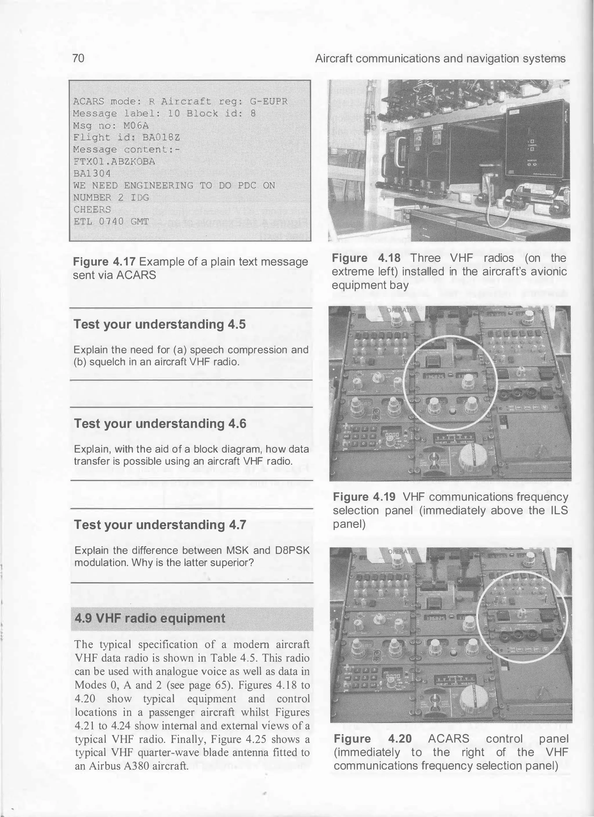 70 Aircraft communications and navigation systems
ACARS mode : R Ai r c raft reg : G-EUPR
Me s s age l abe l : 1 0 B l o c k i d : 8
Msg no : M0 6A
F l i ght i d : BA0 1 8 Z
Me s s age content : -
FTXO l . ABZKOBA
BA1 3 0 4
WE NEED ENG I NEERING TO DO PDC ON
NUMBER 2 I DG
CHEERS
ETL 0 7 4 0 GMT
Figure 4.17 Example of a plain text message
sent via ACARS
Test your understanding 4.5
Explain the need for (a) speech compression and
(b) squelch in an aircraft VHF radio.
Test your understanding 4.6
Explain, with the aid of a block diagram, how data
transfer is possible using an aircraft VHF radio.
Test your understanding 4.7
Explain the difference between MSK and DBPSK
modulation. Why is the latter superior?
4.9 VHF radio equipment
The typical specification of a modern aircraft
VHF data radio is shown in Table 4.5. This radio
can be used with analogue voice as well as data in
Modes 0, A and 2 (see page 65). Figures 4. 1 8 to
4.20 show typical equipment and control
locations in a passenger aircraft whilst Figures
4.2 1 to 4.24 show internal and external views of a
typical VHF radio. Finally, Figure 4.25 shows a
typical VHF quarter-wave blade antenna fitted to
an Airbus A380 aircraft.
Figure 4.18 Three VHF radios (on the
extreme left) installed in the aircraft's avionic
equipment bay
Figure 4.19 VHF communications frequency
selection panel (immediately above the ILS
panel)
Figure 4.20 ACARS control panel
(immediately to the right of the VHF
communications frequency selection panel)
 