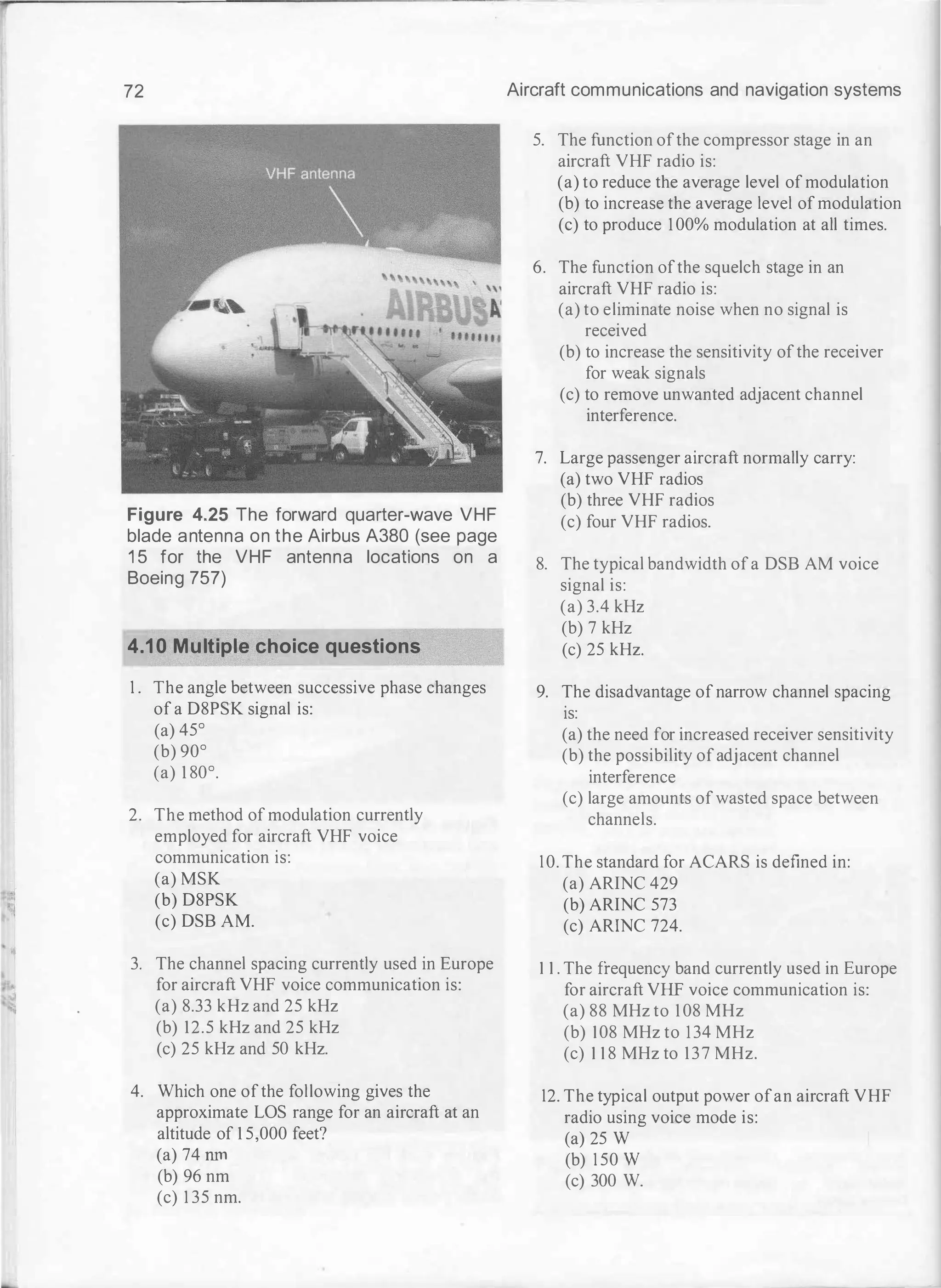 72
Figure 4.25 The forward quarter-wave VHF
blade antenna on the Airbus A380 (see page
1 5 for the VHF antenna locations on a
Boeing 757)
4.10 Multiple choice questions
1 . The angle between successive phase changes
of a D8PSK signal is:
(a) 45°
(b) 90°
(a) 1 80°.
2. The method of modulation currently
employed for aircraft VHF voice
communication is:
(a) MSK
(b) D8PSK
(c) DSB AM.
3. The channel spacing currently used in Europe
for aircraft VHF voice communication is:
(a) 8.33 kHz and 25 kHz
(b) 12.5 kHz and 25 kHz
(c) 25 kHz and 50 kHz.
4. Which one ofthe following gives the
approximate LOS range for an aircraft at an
altitude of 1 5,000 feet?
(a) 74 nrn
(b) 96 nm
(c) 1 35 nm.
Aircraft communications and navigation systems
5. The function ofthe compressor stage in an
aircraft VHF radio is:
(a) to reduce the average level of modulation
(b) to increase the average level of modulation
(c) to produce 100% modulation at all times.
6. The function ofthe squelch stage in an
aircraft VHF radio is:
(a) to eliminate noise when no signal is
received
(b) to increase the sensitivity ofthe receiver
for weak signals
(c) to remove unwanted adjacent channel
interference.
7. Large passenger aircraft normally carry:
(a) two VHF radios
(b) three VHF radios
(c) four VHF radios.
8. The typical bandwidth ofa DSB AM voice
signal is:
(a) 3.4 kHz
(b) 7 kHz
(c) 25 kHz.
9. The disadvantage of narrow channel spacing
is:
(a) the need for increased receiver sensitivity
(b) the possibility ofadjacent channel
interference
(c) large amounts ofwasted space between
channels.
10. The standard for ACARS is defined in:
(a) ARINC 429
(b) ARINC 573
(c) ARINC 724.
1 1 . The frequency band currently used in Europe
for aircraft VHF voice communication is:
(a) 88 MHz to 1 08 MHz
(b) 108 MHz to 134 MHz
(c) 1 1 8 MHz to 137 MHz.
12. The typical output power ofan aircraft VHF
radio using voice mode is:
(a) 25 W
(b) 1 50 w
(c) 300 W.
 