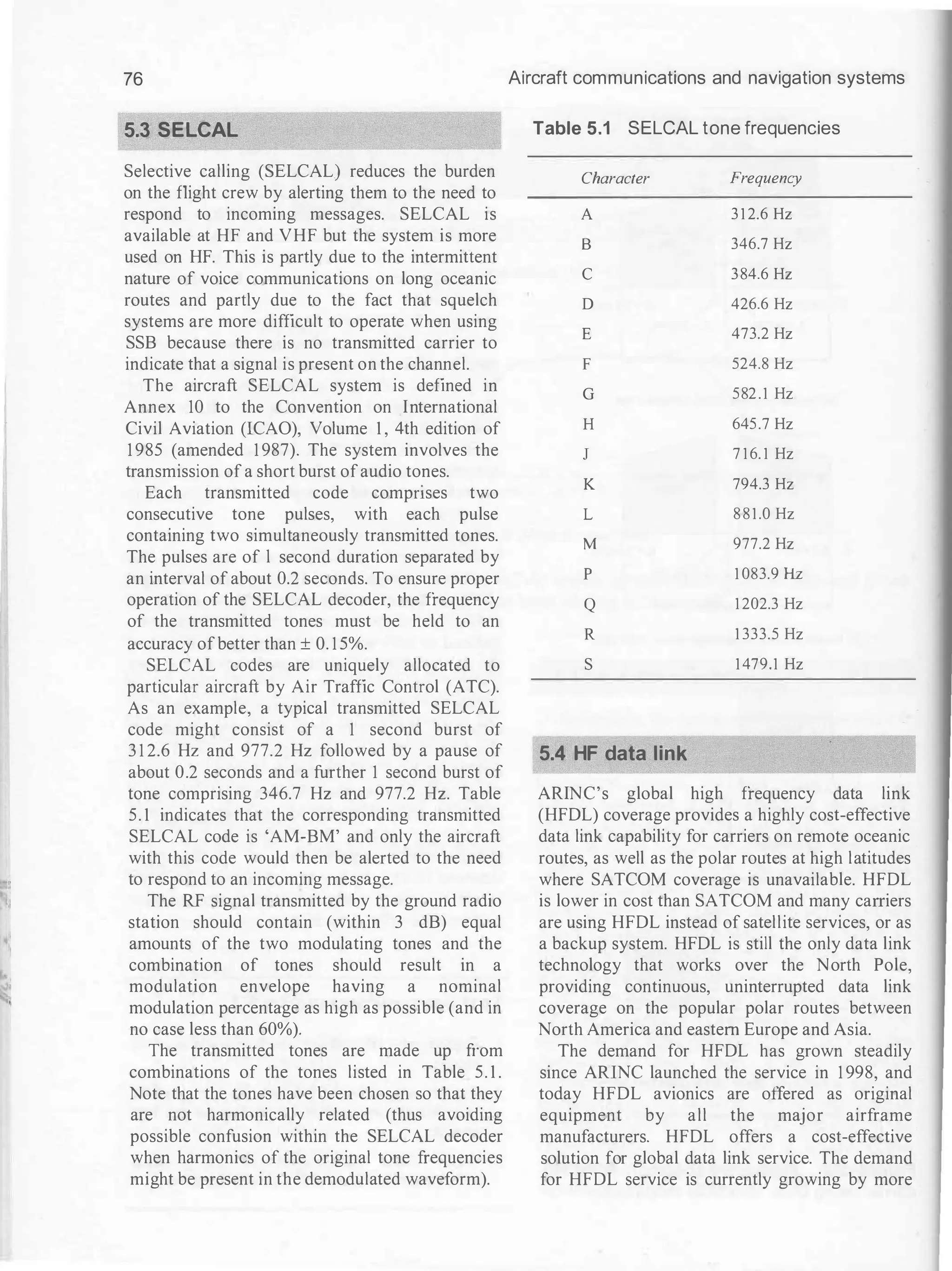•
I
I
76
5.3 SELCAL
Selective calling (SELCAL) reduces the burden
on the flight crew by alerting them to the need to
respond to incoming messages. SELCAL is
available at HF and VHF but the system is more
used on HF. This is partly due to the intermittent
nature of voice communications on long oceanic
routes and partly due to the fact that squelch
systems are more difficult to operate when using
SSB because there is no transmitted carrier to
indicate that a signal is present on the channel.
The aircraft SELCAL system is defined in
Annex 10 to the Convention on International
Civil Aviation (ICAO), Volume 1 , 4th edition of
1 985 (amended 1 987). The system involves the
transmission of a short burst ofaudio tones.
Each transmitted code compnses two
consecutive tone pulses, with each pulse
containing two simultaneously transmitted tones.
The pulses are of l second duration separated by
an interval of about 0.2 seconds. To ensure proper
operation of the SELCAL decoder, the frequency
of the transmitted tones must be held to an
accuracy ofbetter than ± 0. 1 5%.
SELCAL codes are uniquely allocated to
particular aircraft by Air Traffic Control (ATC).
As an example, a typical transmitted SELCAL
code might consist of a 1 second burst of
3 1 2.6 Hz and 977.2 Hz followed by a pause of
about 0.2 seconds and a further 1 second burst of
tone comprising 346.7 Hz and 977.2 Hz. Table
5. 1 indicates that the corresponding transmitted
SELCAL code is 'AM-BM' and only the aircraft
with this code would then be alerted to the need
to respond to an incoming message.
The RF signal transmitted by the ground radio
station should contain (within 3 dB) equal
amounts of the two modulating tones and the
combination of tones should result in a
modulation envelope having a nominal
modulation percentage as high as possible (and in
no case less than 60%).
The transmitted tones are made up from
combinations of the tones listed in Table 5. 1 .
Note that the tones have been chosen so that they
are not harmonically related (thus avoiding
possible confusion within the SELCAL decoder
when harmonics of the original tone frequencies
might be present in the demodulated waveform).
Aircraft communications and navigation systems
Table 5.1 SELCAL tone frequencies
Character Frequency
A 3 1 2.6 Hz
B 346.7 Hz
c 384.6 Hz
D 426.6 Hz
E 473.2 Hz
F 524.8 Hz
G 582.1 Hz
H 645.7 Hz
J 7 1 6. 1 Hz
K 794.3 Hz
L 881.0 Hz
M 977.2 Hz
p 1 083.9 Hz
Q 1 202.3 Hz
R 1 333.5 Hz
s 1 479.1 Hz
5.4 HF data link
ARINC's global high frequency data link
(HFDL) coverage provides a highly cost-effective
data link capability for carriers on remote oceanic
routes, as well as the polar routes at high latitudes
where SATCOM coverage is unavailable. HFDL
is lower in cost than SATCOM and many carriers
are using HFDL instead of satellite services, or as
a backup system. HFDL is still the only data link
technology that works over the North Pole,
providing continuous, uninterrupted data link
coverage on the popular polar routes between
North America and eastern Europe and Asia.
The demand for HFDL has grown steadily
since ARINC launched the service in 1 998, and
today HFDL avionics are offered as original
equipment by all the major airframe
manufacturers. HFDL offers a cost-effective
solution for global data link service. The demand
for HFDL service is currently growing by more
 