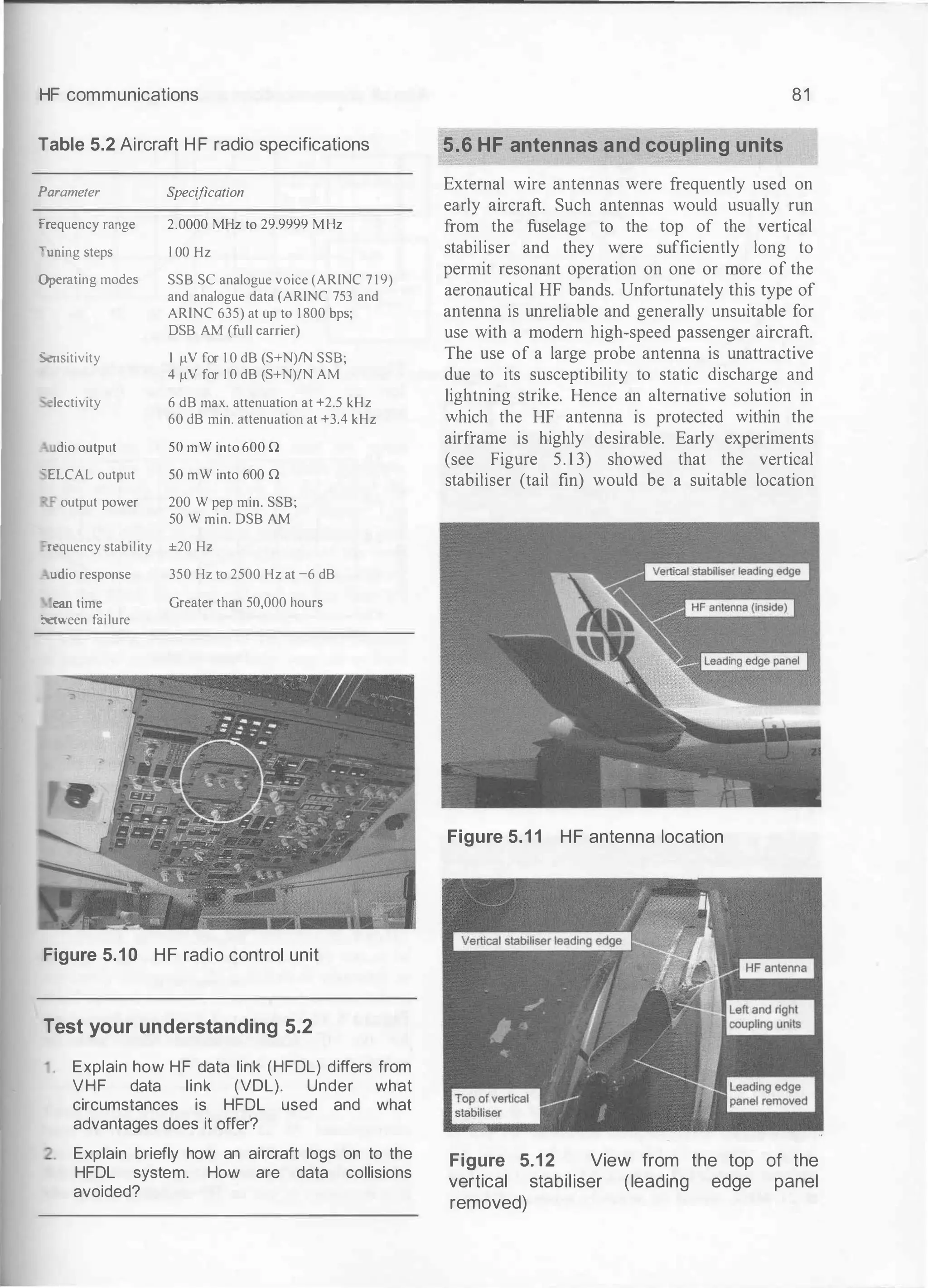 rlF communications
Table 5.2 Aircraft HF radio specifications
Parameter
>requency range
�uning steps
)perating modes
'cnsitivity
lectivity
dio output
-ELCAL output
Specification
2.0000 MH.z to 29.9999 Ml-!z
l OO Hz
SSB SC analogue voice (AR!NC 7 1 9)
and analogue data (ARINC 753 and
ARINC 635) at up to ! 800 bps;
DSB AM (full carrier)
I J.IV for 1 0 dB (S+N)/N SSB;
4 J.IV for 1 0 dB (S+N)/N AM
6 dB max. attenuation at +2.5 kHz
60 dB min. attenuation at +3.4 kHz
50 mW into 600 0
50 mW into 600 0
·:.F output power 200 W pep min. SSB;
50 W min. DSB AM
requency stability ±20 Hz
.1dio response 350 Hz to 2500 Hz at -6 dB
ean time Greater than 50,000 hours
-etween faiIure
Figure 5.10 HF radio control unit
Test your understanding 5.2
Explain how HF data link (HFDL) differs from
VHF data link (VOL). Under what
circumstances is HFDL used and what
advantages does it offer?
Explain briefly how an aircraft logs on to the
HFDL system. How are data collisions
avoided?
81
5.6 HF antennas and coupling units
External wire antennas were frequently used on
early aircraft. Such antennas would usually run
from the fuselage to the top of the vertical
stabiliser and they were sufficiently long to
permit resonant operation on one or more of the
aeronautical HF bands. Unfortunately this type of
antenna is unreliable and generally unsuitable for
use with a modern high-speed passenger aircraft.
The use of a large probe antenna is unattractive
due to its susceptibility to static discharge and
lightning strike. Hence an alternative solution in
which the HF antenna is protected within the
airframe is highly desirable. Early experiments
(see Figure 5. 1 3) showed that the vertical
stabiliser (tail fin) would be a suitable location
Figure 5.1 1 HF antenna location
Figure 5.12 View from the top of the
vertical stabiliser (leading edge panel
removed)
 
