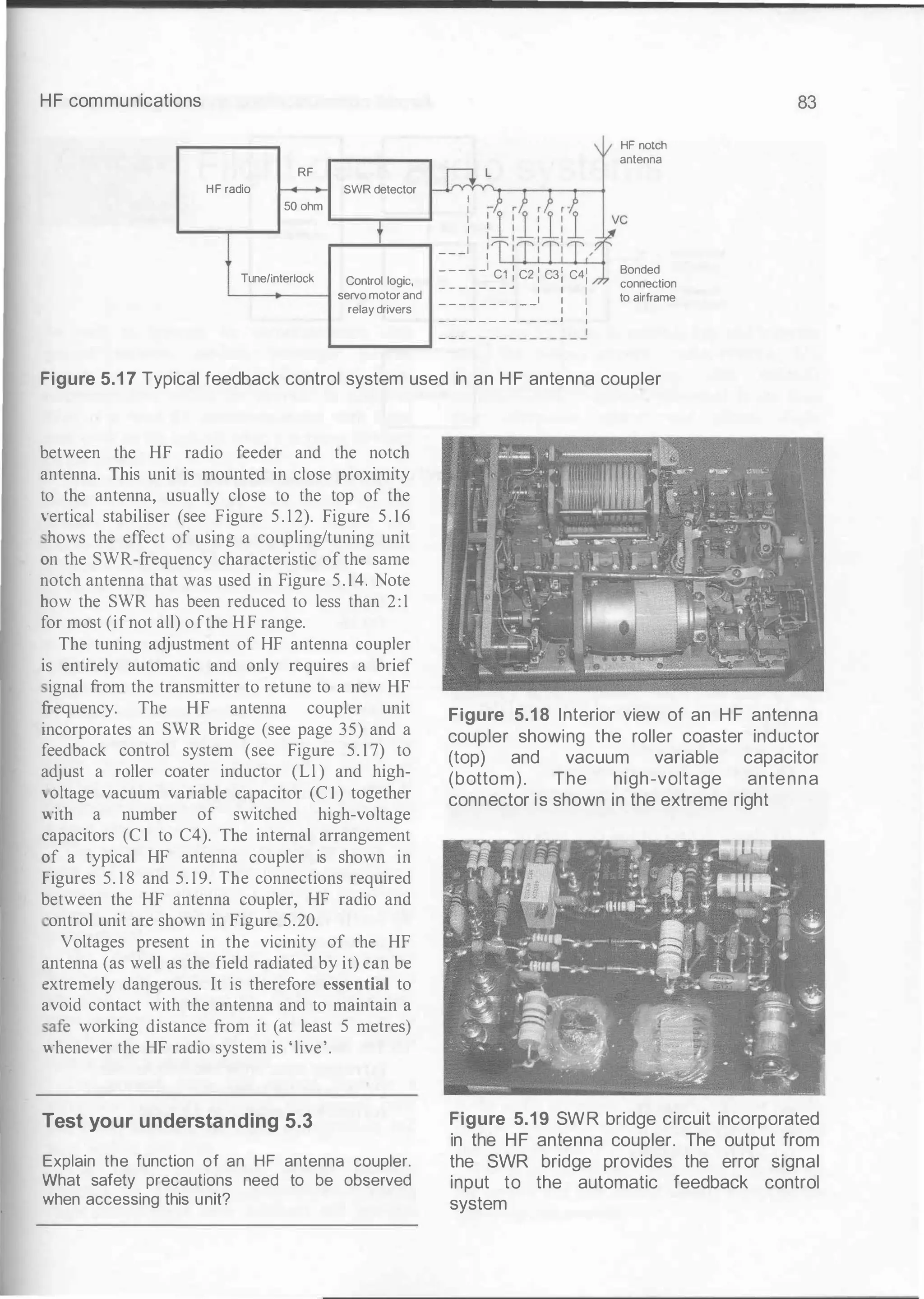 HF communications
RF
HF radio SWR detector
50 ohm
Tune/interlock Conlrol logic,
'----+-----1 servo motor and
relay drivers
I
I
I
I
I
_ _ _
I
I
_ _ _ _ _
I
C1 1 C2 1 C31 C41
I I I I
- - - - - - - -' I I I
- - - - - - - - - -' I I
I I
- - - - - - - - - - - - J I
I
HF notch
antenna
Bonded
connection
to airframe
83
Figure 5.17 Typical feedback control system used in an HF antenna coupler
between the HF radio feeder and the notch
antenna. This unit is mounted in close proximity
to the antenna, usually close to the top of the
vertical stabiliser (see Figure 5 . 1 2). Figure 5 . 1 6
bows the effect of using a coupling/tuning unit
on the SWR-frequency characteristic of the same
notch antenna that was used in Figure 5 . 1 4. Note
how the SWR has been reduced to less than 2:1
for most (ifnot all) ofthe HF range.
The tuning adjustment of HF antenna coupler
is entirely automatic and only requires a brief
ignal from the transmitter to retune to a new HF
frequency. The HF antenna coupler unit
incorporates an SWR bridge (see page 35) and a
feedback control system (see Figure 5. 1 7) to
adjust a roller coater inductor (Ll ) and high­
 Oltage vacuum variable capacitor (C 1 ) together
with a number of switched high-voltage
capacitors (C l to C4). The internal arrangement
of a typical HF antenna coupler is shown in
Figures 5. 1 8 and 5. 1 9. The connections required
between the HF antenna coupler, HF radio and
ontrol unit are shown in Figure 5.20.
Voltages present in the vicinity of the HF
antenna (as well as the field radiated by it) can be
extremely dangerous. It is therefore essential to
avoid contact with the antenna and to maintain a
afe working distance from it (at least 5 metres)
whenever the HF radio system is 'live'.
Test your understanding 5.3
Explain the function of an HF antenna coupler.
What safety precautions need to be observed
when accessing this unit?
Figure 5.18 Interior view of an HF antenna
coupler showing the roller coaster inductor
(top) and vacuum variable capacitor
(bottom). The high-voltage antenna
connector is shown in the extreme right
Figure 5.19 SWR bridge circuit incorporated
in the HF antenna coupler. The output from
the SWR bridge provides the error signal
input to the automatic feedback control
system
 