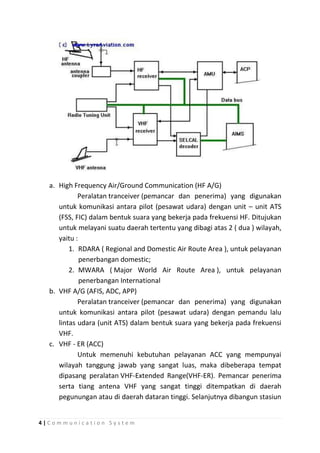 a. High Frequency Air/Ground Communication (HF A/G)
Peralatan tranceiver (pemancar dan penerima) yang digunakan
untuk komunikasi antara pilot (pesawat udara) dengan unit – unit ATS
(FSS, FIC) dalam bentuk suara yang bekerja pada frekuensi HF. Ditujukan
untuk melayani suatu daerah tertentu yang dibagi atas 2 ( dua ) wilayah,
yaitu :
1. RDARA ( Regional and Domestic Air Route Area ), untuk pelayanan
penerbangan domestic;
2. MWARA ( Major World Air Route Area ), untuk pelayanan
penerbangan International
b. VHF A/G (AFIS, ADC, APP)
Peralatan tranceiver (pemancar dan penerima) yang digunakan
untuk komunikasi antara pilot (pesawat udara) dengan pemandu lalu
lintas udara (unit ATS) dalam bentuk suara yang bekerja pada frekuensi
VHF.
c. VHF - ER (ACC)
Untuk memenuhi kebutuhan pelayanan ACC yang mempunyai
wilayah tanggung jawab yang sangat luas, maka dibeberapa tempat
dipasang peralatan VHF-Extended Range(VHF-ER). Pemancar penerima
serta tiang antena VHF yang sangat tinggi ditempatkan di daerah
pegunungan atau di daerah dataran tinggi. Selanjutnya dibangun stasiun

4|Communication System

 