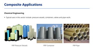 Chemical Engineering
▪ Typical uses in this sector include: pressure vessels, containers, valves and pipe-work.
Composite Applications
FRP Container
FRP Pressure Vessels FRP Pipe
 