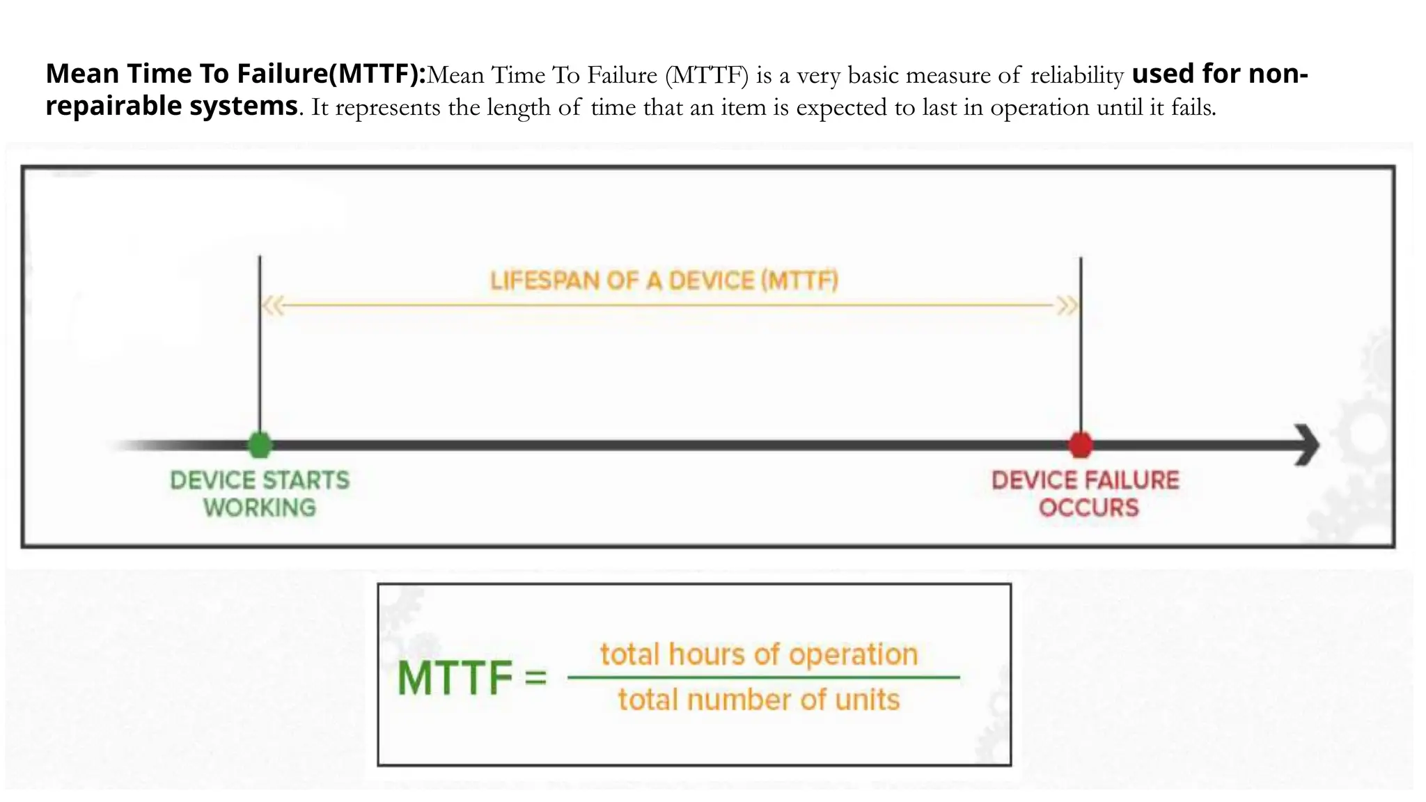 Mean Time To Failure(MTTF):Mean Time To Failure (MTTF) is a very basic measure of reliability used for non-
repairable systems. It represents the length of time that an item is expected to last in operation until it fails.
 
