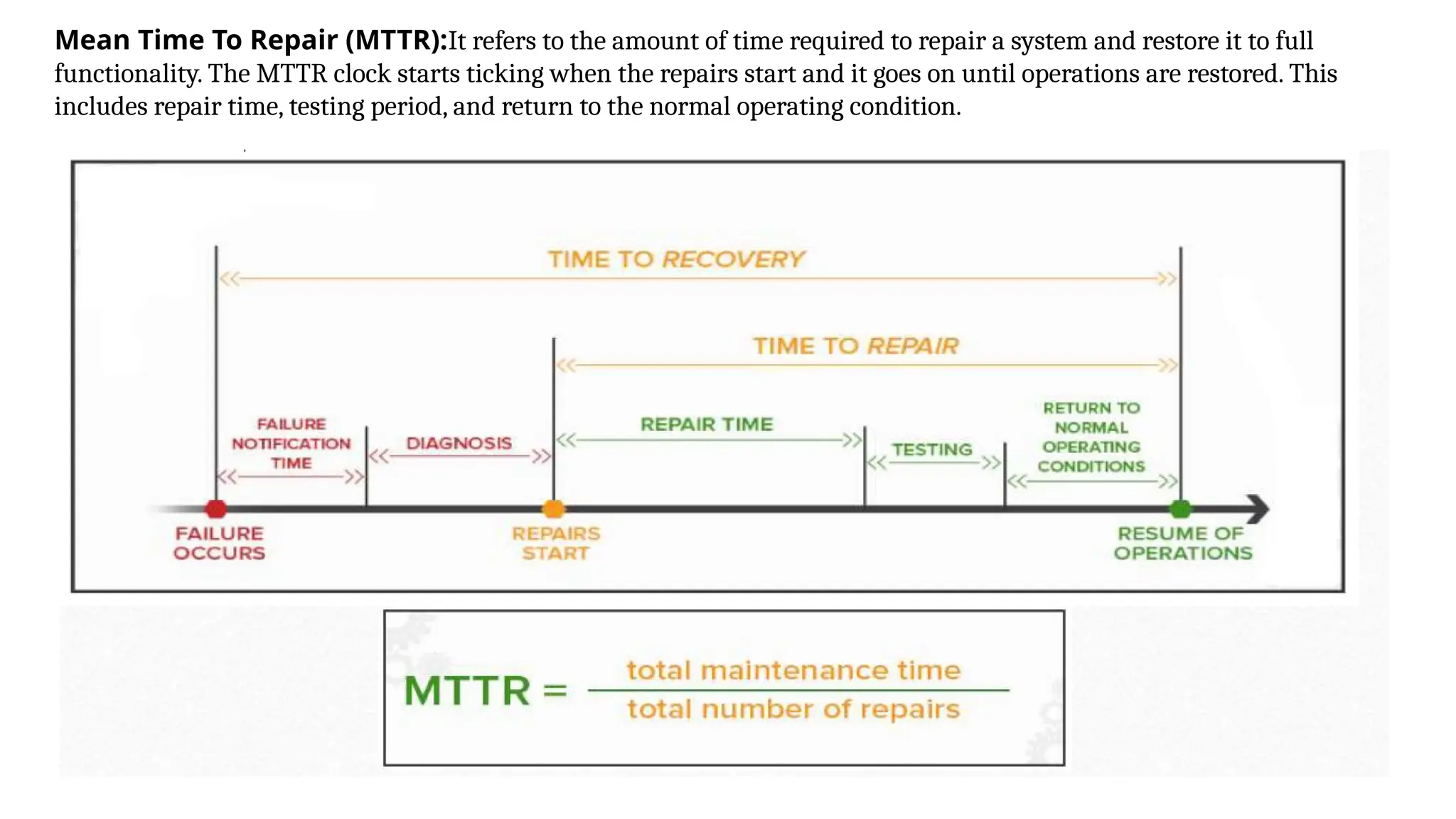 Mean Time To Repair (MTTR):It refers to the amount of time required to repair a system and restore it to full
functionality. The MTTR clock starts ticking when the repairs start and it goes on until operations are restored. This
includes repair time, testing period, and return to the normal operating condition.
 