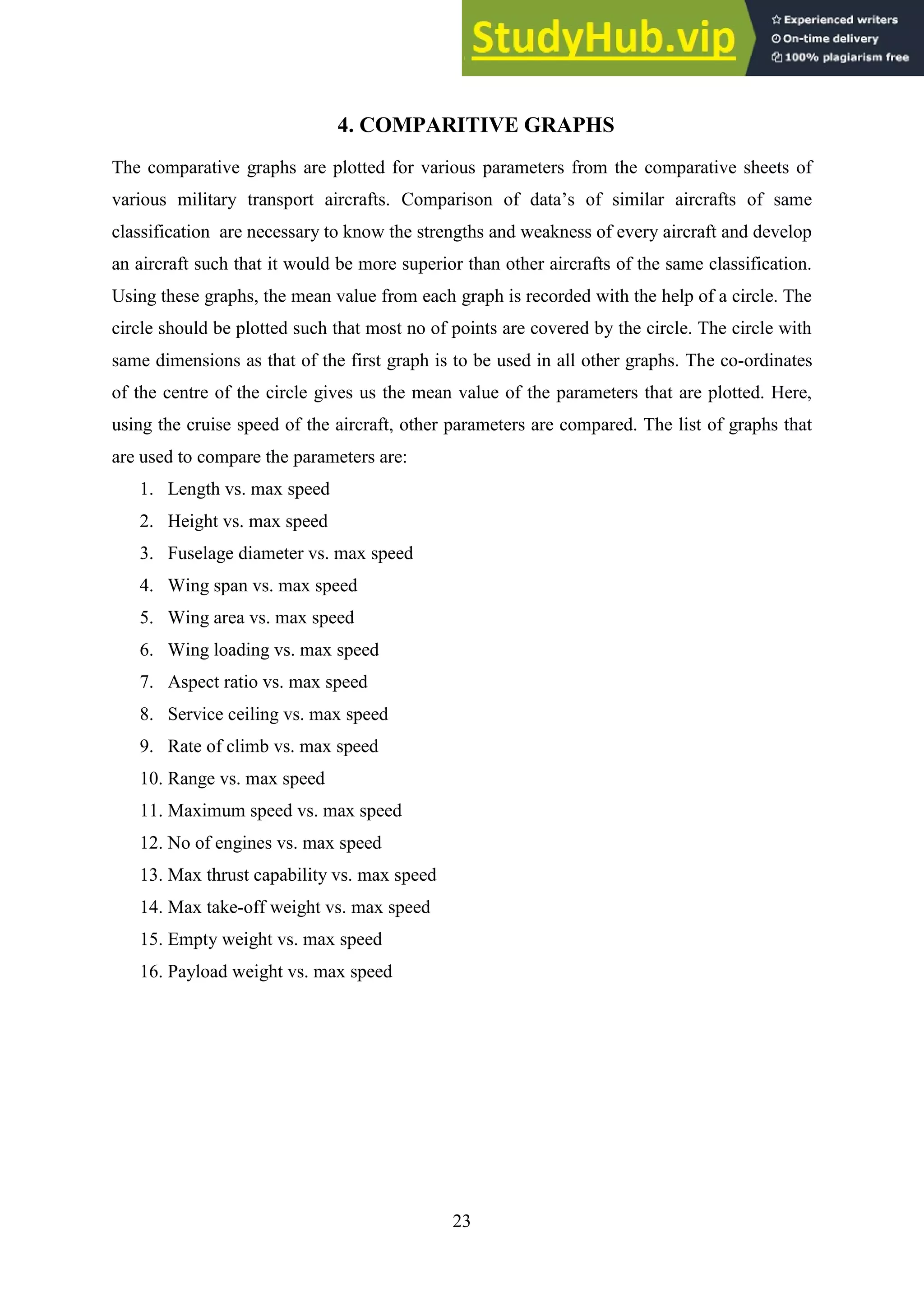 23
4. COMPARITIVE GRAPHS
The comparative graphs are plotted for various parameters from the comparative sheets of
various military transport aircrafts. Comparison of data’s of similar aircrafts of same
classification are necessary to know the strengths and weakness of every aircraft and develop
an aircraft such that it would be more superior than other aircrafts of the same classification.
Using these graphs, the mean value from each graph is recorded with the help of a circle. The
circle should be plotted such that most no of points are covered by the circle. The circle with
same dimensions as that of the first graph is to be used in all other graphs. The co-ordinates
of the centre of the circle gives us the mean value of the parameters that are plotted. Here,
using the cruise speed of the aircraft, other parameters are compared. The list of graphs that
are used to compare the parameters are:
1. Length vs. max speed
2. Height vs. max speed
3. Fuselage diameter vs. max speed
4. Wing span vs. max speed
5. Wing area vs. max speed
6. Wing loading vs. max speed
7. Aspect ratio vs. max speed
8. Service ceiling vs. max speed
9. Rate of climb vs. max speed
10. Range vs. max speed
11. Maximum speed vs. max speed
12. No of engines vs. max speed
13. Max thrust capability vs. max speed
14. Max take-off weight vs. max speed
15. Empty weight vs. max speed
16. Payload weight vs. max speed
 