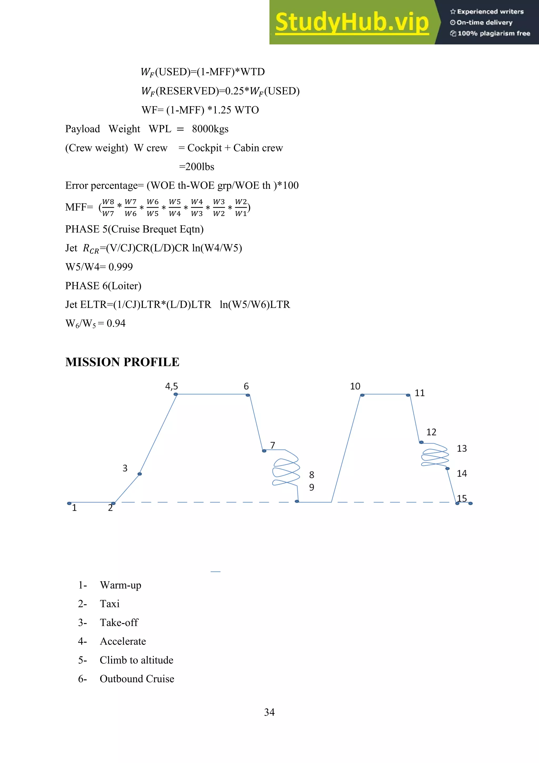 34
(USED)=(1-MFF)*WTD
(RESERVED)=0.25* (USED)
WF= (1-MFF) *1.25 WTO
Payload Weight WPL 8000kgs
(Crew weight) W crew = Cockpit + Cabin crew
=200lbs
Error percentage= (WOE th-WOE grp/WOE th )*100
MFF= ( * )
PHASE 5(Cruise Brequet Eqtn)
Jet =(V/CJ)CR(L/D)CR ln(W4/W5)
W5/W4= 0.999
PHASE 6(Loiter)
Jet ELTR=(1/CJ)LTR*(L/D)LTR ln(W5/W6)LTR
W6/W5 = 0.94
MISSION PROFILE
1- Warm-up
2- Taxi
3- Take-off
4- Accelerate
5- Climb to altitude
6- Outbound Cruise
 