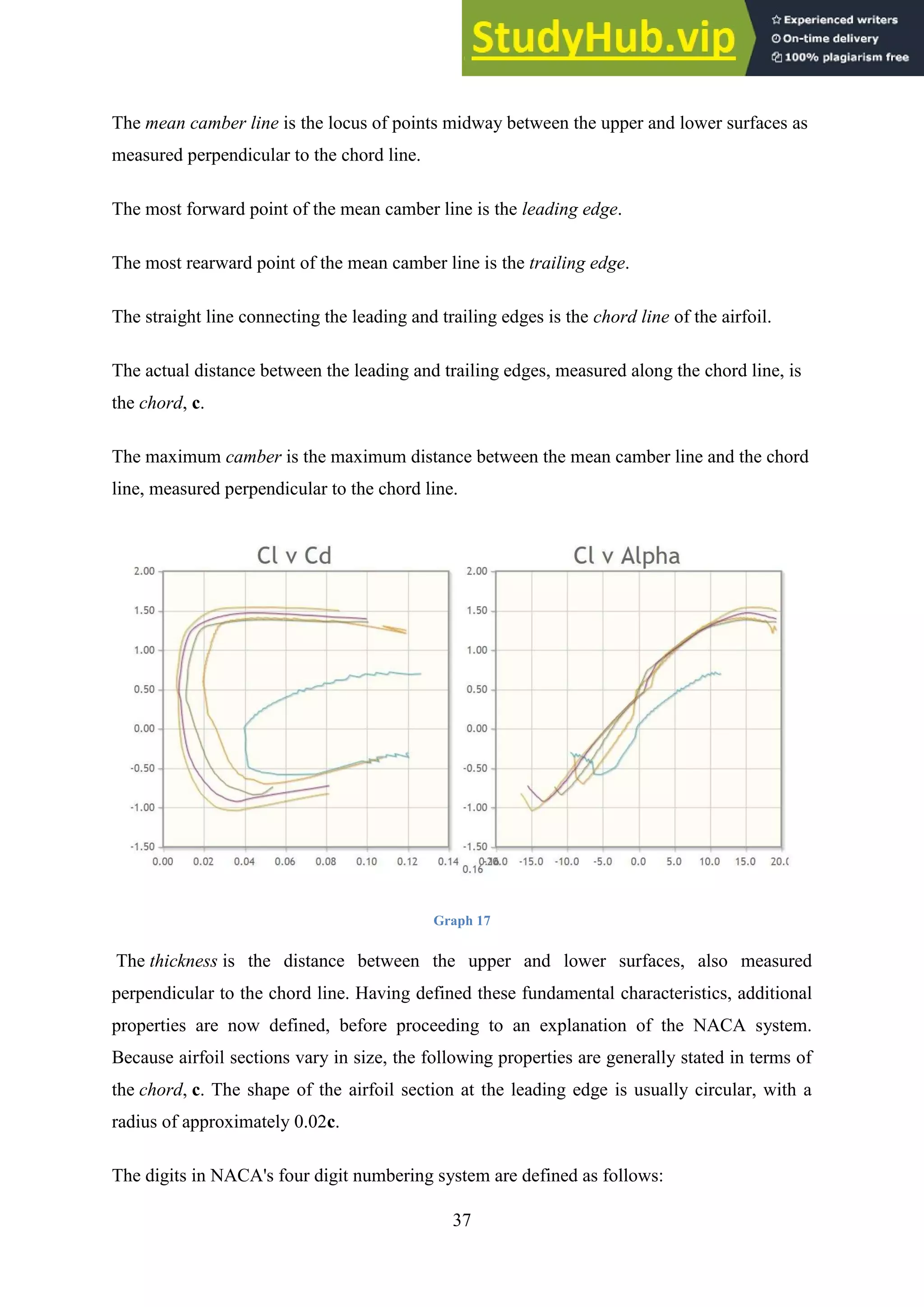 37
The mean camber line is the locus of points midway between the upper and lower surfaces as
measured perpendicular to the chord line.
The most forward point of the mean camber line is the leading edge.
The most rearward point of the mean camber line is the trailing edge.
The straight line connecting the leading and trailing edges is the chord line of the airfoil.
The actual distance between the leading and trailing edges, measured along the chord line, is
the chord, c.
The maximum camber is the maximum distance between the mean camber line and the chord
line, measured perpendicular to the chord line.
Graph 17
The thickness is the distance between the upper and lower surfaces, also measured
perpendicular to the chord line. Having defined these fundamental characteristics, additional
properties are now defined, before proceeding to an explanation of the NACA system.
Because airfoil sections vary in size, the following properties are generally stated in terms of
the chord, c. The shape of the airfoil section at the leading edge is usually circular, with a
radius of approximately 0.02c.
The digits in NACA's four digit numbering system are defined as follows:
 