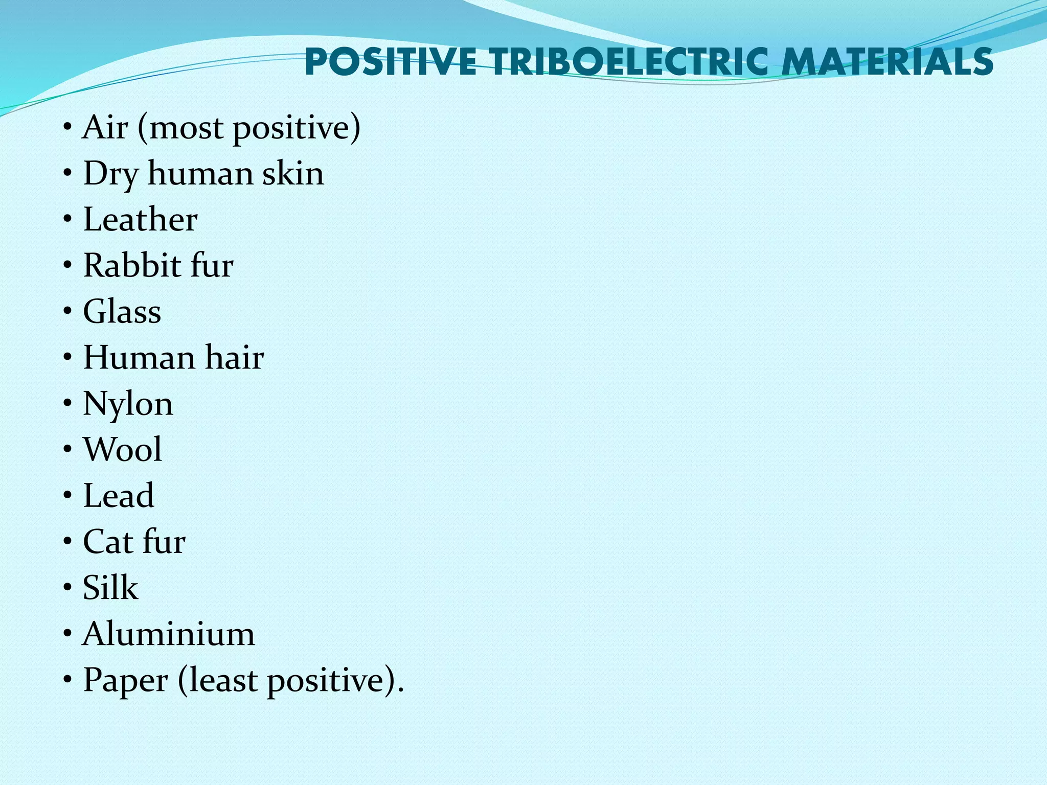 POSITIVE TRIBOELECTRIC MATERIALS 
• Air (most positive) 
• Dry human skin 
• Leather 
• Rabbit fur 
• Glass 
• Human hair 
• Nylon 
• Wool 
• Lead 
• Cat fur 
• Silk 
• Aluminium 
• Paper (least positive). 
 