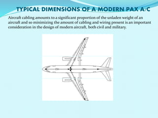 TYPICAL DIMENSIONS OF A MODERN PAX A/C 
Aircraft cabling amounts to a significant proportion of the unladen weight of an 
aircraft and so minimizing the amount of cabling and wiring present is an important 
consideration in the design of modern aircraft, both civil and military. 
 