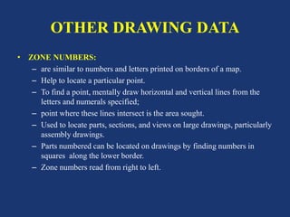 OTHER DRAWING DATA
• ZONE NUMBERS:
– are similar to numbers and letters printed on borders of a map.
– Help to locate a particular point.
– To find a point, mentally draw horizontal and vertical lines from the
letters and numerals specified;
– point where these lines intersect is the area sought.
– Used to locate parts, sections, and views on large drawings, particularly
assembly drawings.
– Parts numbered can be located on drawings by finding numbers in
squares along the lower border.
– Zone numbers read from right to left.
 