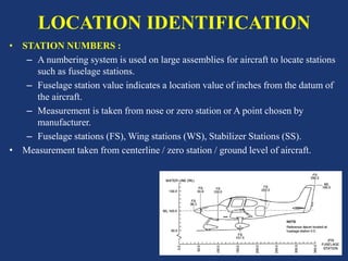 LOCATION IDENTIFICATION
• STATION NUMBERS :
– A numbering system is used on large assemblies for aircraft to locate stations
such as fuselage stations.
– Fuselage station value indicates a location value of inches from the datum of
the aircraft.
– Measurement is taken from nose or zero station or A point chosen by
manufacturer.
– Fuselage stations (FS), Wing stations (WS), Stabilizer Stations (SS).
• Measurement taken from centerline / zero station / ground level of aircraft.
 