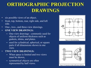 ORTHOGRAPHIC PROJECTION
DRAWINGS
• six possible views of an object.
• front, top, bottom, rear, right side, and left
side.
• One-, two-, and three-view drawings.
• ONE VIEW DRAWINGS:
– One-view drawings : commonly used for
objects of uniform thickness such as
gaskets, shims, and plates.
– used for cylindrical, spherical, or square
parts if all dimensions shown in one
view.
• TWO VIEW DRAWINGS:
– When space is limited and two views
must be shown,
– symmetrical objects are often
represented by half views.
 