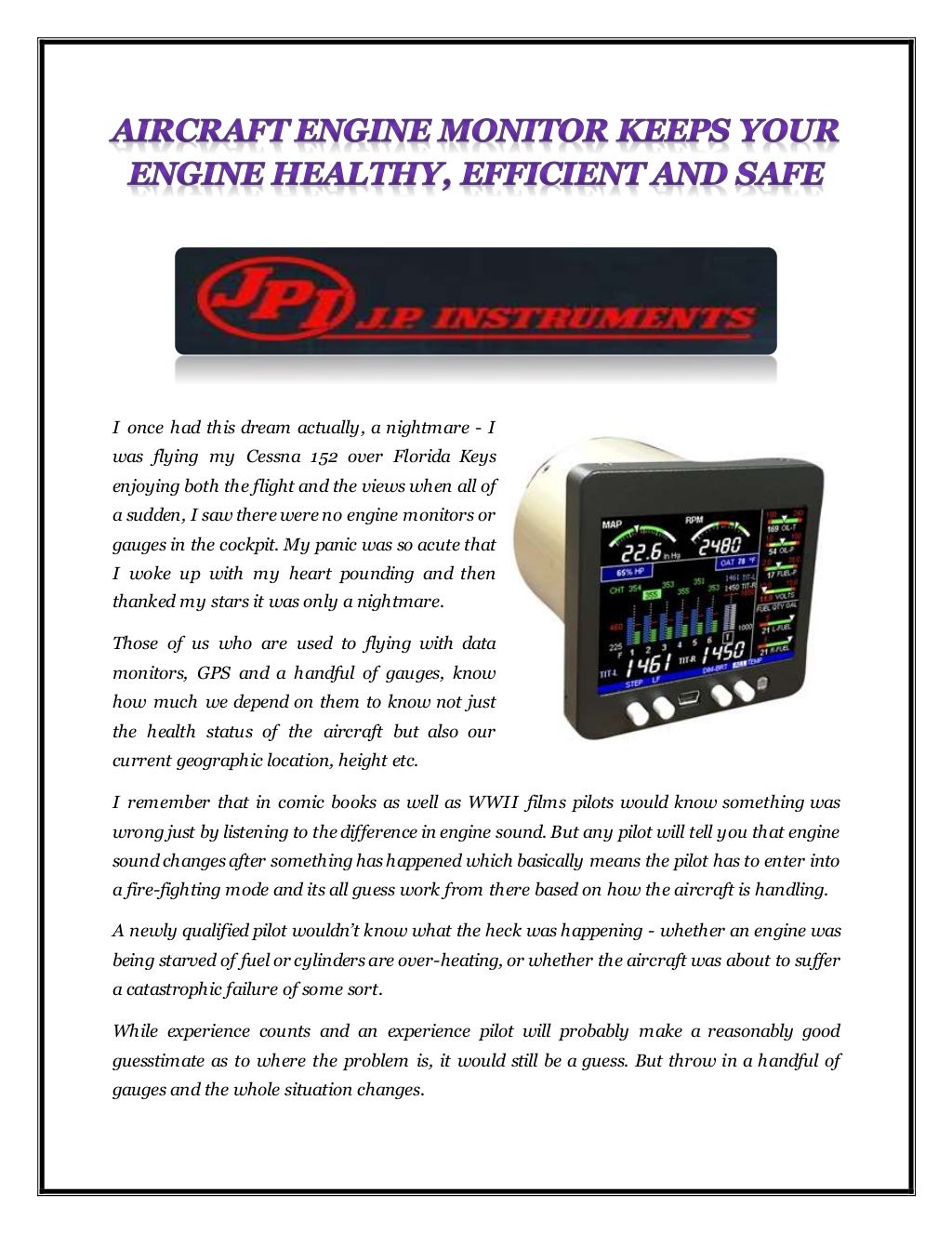 Aircraft engine monitor keeps your engine healthy, efficient and safe