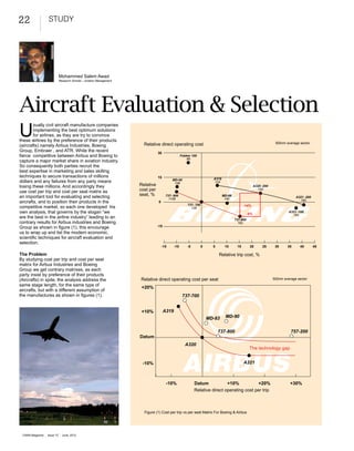 22                   study



                                Mohammed Salem Awad
                                Research Scholar – Aviation Management




Aircraft Evaluation & Selection
U
        sually civil aircraft manufacture companies
        implementing the best optimum solutions
        for airlines, as they are try to convince
these airlines by the preference of their products
                                                                           Relative direct operating cost                                                                   500nm average sector
(aircrafts) namely Airbus Industries, Boeing
Group, Embraer , and ATR. While the recent                                          30
fierce competitive between Airbus and Boeing to                                                        Fokker 100
                                                                                                           98
capture a major market share in aviation industry.
So consequently both parties recruit the
best expertise in marketing and sales skilling
techniques to secure transactions of millions                                       15                                      A319
dollars and any failures from any party means                                                  MD-95
                                                                                                                            124
losing these millions. And accordingly they                              Relative               106
                                                                                                                                                               A320 -200
use cost per trip and cost per seat matrix as                            cost per                                                                                150

an important tool for evaluating and selecting                           seat, %           737- 600                                MD-88                                                A321 -200
                                                                                             1108                                   142
aircrafts, and to position their products in the                                    0                                                                                                     183
                                                                                                           737- 700                              -14%
competitive market, so each one developed his                                                                126
own analysis, that governs by the slogan “we                                                                                                             -8%
                                                                                                                                                                                    A321 -100
                                                                                                                                                                                      183
are the best in the airline industry” leading to an                                                                                        737-800
contrary results for Airbus industries and Boeing
                                                                                                                                                     ‫و‬




                                                                                                                                             162
Group as shown in figure (1), this encourage                                        -15
us to wrap up and list the modern economic,
scientific techniques for aircraft evaluation and
selection.
                                                                                        -15      -10       -5         0     5       10      15            20        25      30     35     40        45

The Problem                                                                                                                     Relative trip cost, %
By studying cost per trip and cost per seat
matrix for Airbus Industries and Boeing
Group we get contrary matrixes, as each
party insist by preference of their products
(Aircrafts) in spite, the analysis address the                           Relative direct operating cost per seat                                                           500nm average sector
same stage length, for the same type of
                                                                          +20%
aircrafts, but with a different assumption of
the manufactures as shown in figures (1).                                                               737-700


                                                                          +10%            A319
                                                                                                                          MD-83     MD-90


                                                                                                                                737-800                                              757-200
                                                                         Datum
                                                                                                          A320
                                                                                                                                                          The technology gap


                                                                          -10%                                                                   A321



                                                                                           -10%                 Datum            +10%           +20%                                 +30%
                                                                                                                Relative direct operating cost per trip



                                                                           Figure (1) Cost per trip vs per seat Matrix For Boeing & Airbus




 CAMA Magazine   |   issue 15   |   June, 2012
 