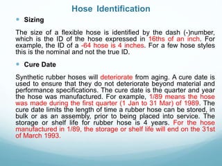  Sizing
The size of a flexible hose is identified by the dash (-)number,
which is the ID of the hose expressed in 16ths of an inch. For
example, the ID of a -64 hose is 4 inches. For a few hose styles
this is the nominal and not the true ID.
 Cure Date
Synthetic rubber hoses will deteriorate from aging. A cure date is
used to ensure that they do not deteriorate beyond material and
performance specifications. The cure date is the quarter and year
the hose was manufactured. For example, 1/89 means the hose
was made during the first quarter (1 Jan to 31 Mar) of 1989. The
cure date limits the length of time a rubber hose can be stored, in
bulk or as an assembly, prior to being placed into service. The
storage or shelf life for rubber hose is 4 years. For the hose
manufactured in 1/89, the storage or shelf life will end on the 31st
of March 1993.
Hose Identification
 