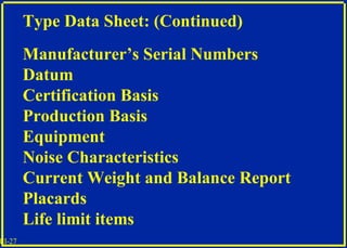 III-27
Type Data Sheet: (Continued)
Manufacturer’s Serial Numbers
Datum
Certification Basis
Production Basis
Equipment
Noi...