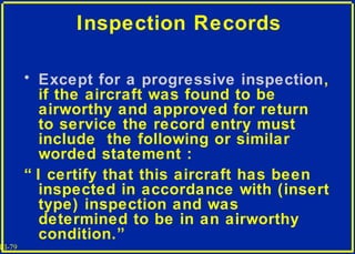 III-79
Inspection Records
• Except for a progressive inspection,
if the aircraft was found to be
airworthy and approved fo...