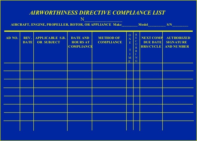 aircraft inspections airworthiness directive compliance sheet