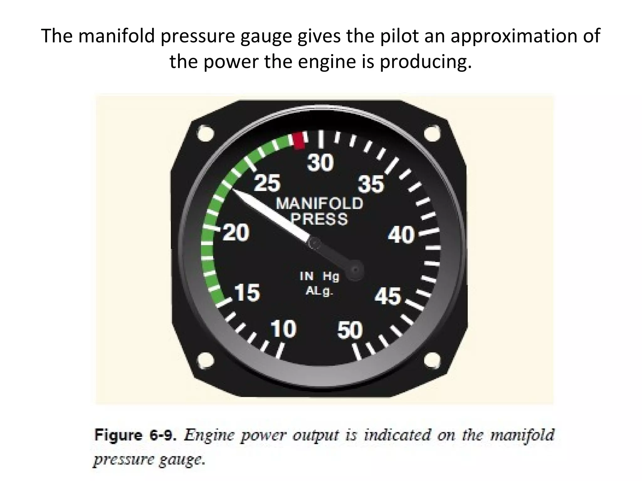 The manifold pressure gauge gives the pilot an approximation of
the power the engine is producing.
 