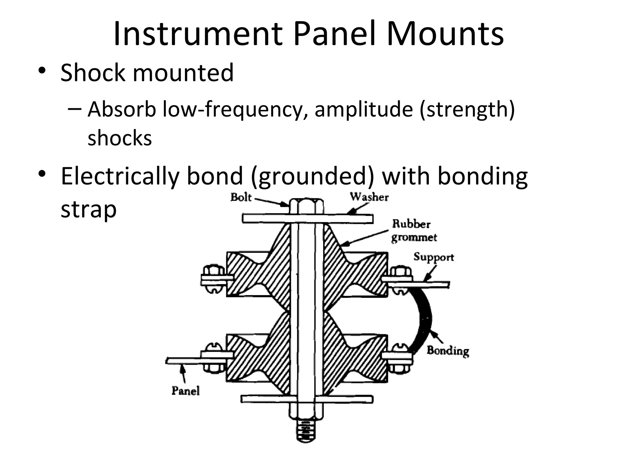 Instrument Panel Mounts
• Shock mounted
– Absorb low-frequency, amplitude (strength)
shocks
• Electrically bond (grounded) with bonding
strap
 