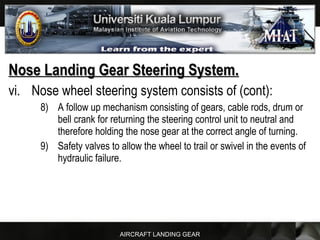 AIRCRAFT LANDING GEAR
Nose Landing Gear Steering System.Nose Landing Gear Steering System.
vi. Nose wheel steering system consists of (cont):
8) A follow up mechanism consisting of gears, cable rods, drum or
bell crank for returning the steering control unit to neutral and
therefore holding the nose gear at the correct angle of turning.
9) Safety valves to allow the wheel to trail or swivel in the events of
hydraulic failure.
 