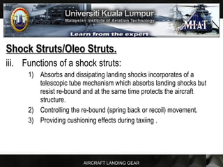 AIRCRAFT LANDING GEAR
Shock Struts/Oleo Struts.Shock Struts/Oleo Struts.
iii. Functions of a shock struts:
1) Absorbs and dissipating landing shocks incorporates of a
telescopic tube mechanism which absorbs landing shocks but
resist re-bound and at the same time protects the aircraft
structure.
2) Controlling the re-bound (spring back or recoil) movement.
3) Providing cushioning effects during taxiing .
 