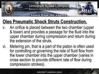 AIRCRAFT LANDING GEAR
Oleo Pneumatic Shock Struts Construction.Oleo Pneumatic Shock Struts Construction.
v. An orifice is placed between the two chamber (upper
& lower) and provides a passage for the fluid into the
upper chamber during compression and return during
the extension of the struts.
vi. Metering pin, that is a part of the piston is often used
for controlling or governing the rate of fluid flow from
the lower chamber into the upper chamber (varies in
cross section to provide different rate of flow during
compression strokes).
 