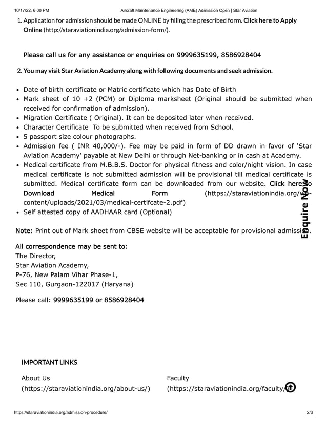 Aircraft Maintenance Engineering AME Admission Open Star Aviation pdf