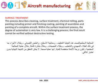 Feb . 2023
SURFACE TREATMENT
This process describes cleaning, surface treatment, chemical milling, parts
painting including primer and finishing coating, painting of assemblies and
painting of a complete aircraft. Within the surface treatment process, the
degree of automation is very low. It is a challenging process; the final result
cannot be verified without destructive testing.
‫بما‬ ‫األجزاء‬ ‫وطالء‬ ، ً‫الكٌمٌائ‬ ‫والطحن‬ ، ‫األسطح‬ ‫ومعالجة‬ ، ‫التنظٌف‬ ‫العملٌة‬ ‫هذه‬ ‫السطحٌةتصف‬ ‫المعالجة‬
‫كاملة‬ ‫طائرة‬ ‫وطالء‬ ، ‫التجمٌعات‬ ‫وطالء‬ ، ‫والتشطٌب‬ ‫التمهٌدي‬ ‫الطالء‬ ‫ذلك‬ ً‫ف‬
.
‫المعالجة‬ ‫عملٌة‬ ‫خالل‬
‫للغاٌة‬ ‫منخفضة‬ ‫األتمتة‬ ‫درجة‬ ‫تكون‬ ، ‫السطحٌة‬
.
‫صعبة‬ ‫عملٌة‬ ‫إنها‬
.
‫بدون‬ ‫النهائٌة‬ ‫النتٌجة‬ ‫من‬ ‫التحقق‬ ‫ٌمكن‬ ‫ال‬
ً‫إتالف‬ ‫اختبار‬
.
 