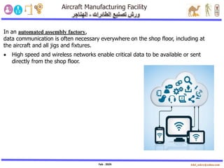 Feb . 2024
In an automated assembly factory,
data communication is often necessary everywhere on the shop floor, including at
the aircraft and all jigs and fixtures.
• High speed and wireless networks enable critical data to be available or sent
directly from the shop floor.
 