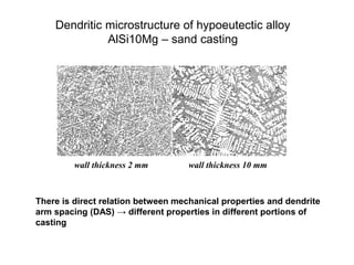Dendritic microstructure of hypoeutectic alloy
AlSi10Mg – sand casting
wall thickness 2 mm wall thickness 10 mm
There is direct relation between mechanical properties and dendrite
arm spacing (DAS) → different properties in different portions of
casting
 