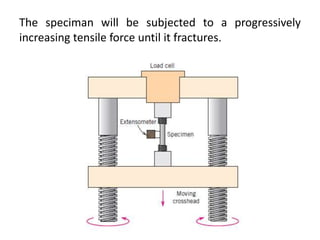 The speciman will be subjected to a progressively
increasing tensile force until it fractures.
 