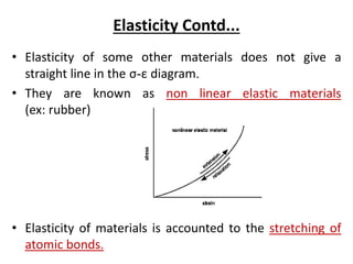 Elasticity Contd...
• Elasticity of some other materials does not give a
straight line in the σ-ε diagram.
• They are known as non linear elastic materials
(ex: rubber)
• Elasticity of materials is accounted to the stretching of
atomic bonds.
 