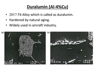 Duralumin (Al-4%Cu)
• 2017-T4 Alloy which is called as duralumin.
• Hardened by natural aging.
• Widely used in aircraft industry.
 