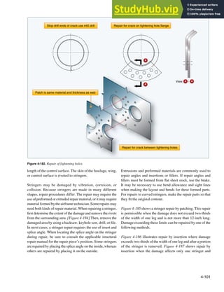 4-101
A
A
View -
A A
Repair for crack on lightening hole flange
Stop drill ends of crack use #40 drill
Patch is same material and thickness as web
Repair for crack between lightening holes
Figure 4-182. Repair of lightening holes.
length of the control surface. The skin of the fuselage, wing,
or control surface is riveted to stringers.
Stringers may be damaged by vibration, corrosion, or
collision. Because stringers are made in many different
shapes, repair procedures differ. The repair may require the
use of preformed or extruded repair material, or it may require
material formed by the airframe technician. Some repairs may
need both kinds of repair material. When repairing a stringer,
irst determine the extent of the damage and remove the rivets
from the surrounding area. [Figure 4-184] Then, remove the
damaged area by using a hacksaw, keyhole saw, drill, or ile.
In most cases, a stringer repair requires the use of insert and
splice angle. When locating the splice angle on the stringer
during repair, be sure to consult the applicable structural
repair manual for the repair piece’s position. Some stringers
are repaired by placing the splice angle on the inside, whereas
others are repaired by placing it on the outside.
Extrusions and preformed materials are commonly used to
repair angles and insertions or illers. If repair angles and
illers must be formed from lat sheet stock, use the brake.
It may be necessary to use bend allowance and sight lines
when making the layout and bends for these formed parts.
For repairs to curved stringers, make the repair parts so that
they it the original contour.
Figure 4-185 shows a stringer repair by patching. This repair
is permissible when the damage does not exceed two-thirds
of the width of one leg and is not more than 12-inch long.
Damage exceeding these limits can be repaired by one of the
following methods.
Figure 4-186 illustrates repair by insertion where damage
exceeds two-thirds of the width of one leg and after a portion
of the stringer is removed. Figure 4-187 shows repair by
insertion when the damage affects only one stringer and
 