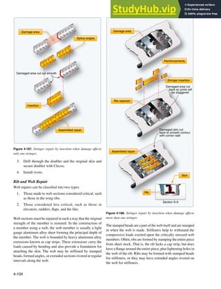 4-104
Damage area
Insertion
Splice angles
Splice an
Damaged area cut out smooth
Assembled repair
Figure 4-187. Stringer repair by insertion when damage affects
only one stringer.
Damage area
Reinforcements
Rib repaired
d
Damaged skin cut
back to smooth contour
with corner radii
Assembled repair
Stringer insertion
Damaged area cut
back so joints will
be staggered
Section A-A
Skin
Rib
Figure 4-188. Stringer repair by insertion when damage affects
more than one stringer.
3. Drill through the doubler and the original skin and
secure doubler with Clecos.
4. Install rivets.
Rib and Web Repair
Web repairs can be classiied into two types:
1. Those made to web sections considered critical, such
as those in the wing ribs.
2. Those considered less critical, such as those in
elevators, rudders, laps, and the like.
Web sections must be repaired in such a way that the original
strength of the member is restored. In the construction of
a member using a web, the web member is usually a light
gauge aluminum alloy sheet forming the principal depth of
the member. The web is bounded by heavy aluminum alloy
extrusions known as cap strips. These extrusions carry the
loads caused by bending and also provide a foundation for
attaching the skin. The web may be stiffened by stamped
beads, formed angles, or extruded sections riveted at regular
intervals along the web.
The stamped beads are a part of the web itself and are stamped
in when the web is made. Stiffeners help to withstand the
compressive loads exerted upon the critically stressed web
members. Often, ribs are formed by stamping the entire piece
from sheet stock. That is, the rib lacks a cap strip, but does
have a lange around the entire piece, plus lightening holes in
the web of the rib. Ribs may be formed with stamped beads
for stiffeners, or they may have extruded angles riveted on
the web for stiffeners.
 
