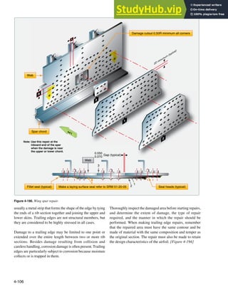 4-106
A
A
2
1
3
Spar chord
Web
Fillet seal (typical) Seal heads (typical)
Make a laying surface seal refer to SRM 51-20-05
Web
3
0.050
0.070
Gap (typical)
2
1
2D
minumum
(typical)
Damage cutout 0.50R minimum all corners
AFT
B
B
Note: Use this repair at the
inboard end of the spar
when the damage is near
the upper or lower chord.
Figure 4-190. Wing spar repair.
usually a metal strip that forms the shape of the edge by tying
the ends of a rib section together and joining the upper and
lower skins. Trailing edges are not structural members, but
they are considered to be highly stressed in all cases.
Damage to a trailing edge may be limited to one point or
extended over the entire length between two or more rib
sections. Besides damage resulting from collision and
careless handling, corrosion damage is often present. Trailing
edges are particularly subject to corrosion because moisture
collects or is trapped in them.
Thoroughly inspect the damaged area before starting repairs,
and determine the extent of damage, the type of repair
required, and the manner in which the repair should be
performed. When making trailing edge repairs, remember
that the repaired area must have the same contour and be
made of material with the same composition and temper as
the original section. The repair must also be made to retain
the design characteristics of the airfoil. [Figure 4-194]
 