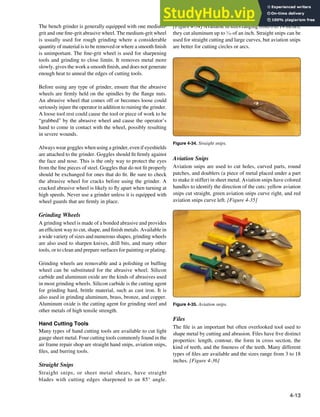 4-13
Figure 4-34. Straight snips.
Figure 4-35. Aviation snips.
The bench grinder is generally equipped with one medium-
grit and one ine-grit abrasive wheel. The medium-grit wheel
is usually used for rough grinding where a considerable
quantity of material is to be removed or where a smooth inish
is unimportant. The ine-grit wheel is used for sharpening
tools and grinding to close limits. It removes metal more
slowly, gives the work a smooth inish, and does not generate
enough heat to anneal the edges of cutting tools.
Before using any type of grinder, ensure that the abrasive
wheels are irmly held on the spindles by the lange nuts.
An abrasive wheel that comes off or becomes loose could
seriously injure the operator in addition to ruining the grinder.
A loose tool rest could cause the tool or piece of work to be
“grabbed” by the abrasive wheel and cause the operator’s
hand to come in contact with the wheel, possibly resulting
in severe wounds.
Always wear goggles when using a grinder, even if eyeshields
are attached to the grinder. Goggles should it irmly against
the face and nose. This is the only way to protect the eyes
from the ine pieces of steel. Goggles that do not it properly
should be exchanged for ones that do it. Be sure to check
the abrasive wheel for cracks before using the grinder. A
cracked abrasive wheel is likely to ly apart when turning at
high speeds. Never use a grinder unless it is equipped with
wheel guards that are irmly in place.
Grinding Wheels
A grinding wheel is made of a bonded abrasive and provides
an eficient way to cut, shape, and inish metals. Available in
a wide variety of sizes and numerous shapes, grinding wheels
are also used to sharpen knives, drill bits, and many other
tools, or to clean and prepare surfaces for painting or plating.
Grinding wheels are removable and a polishing or bufing
wheel can be substituted for the abrasive wheel. Silicon
carbide and aluminum oxide are the kinds of abrasives used
in most grinding wheels. Silicon carbide is the cutting agent
for grinding hard, brittle material, such as cast iron. It is
also used in grinding aluminum, brass, bronze, and copper.
Aluminum oxide is the cutting agent for grinding steel and
other metals of high tensile strength.
Hand Cutting Tools
Many types of hand cutting tools are available to cut light
gauge sheet metal. Four cutting tools commonly found in the
air frame repair shop are straight hand snips, aviation snips,
iles, and burring tools.
Straight Snips
Straight snips, or sheet metal shears, have straight
blades with cutting edges sharpened to an 85° angle.
[Figure 4-34] Available in sizes ranging from 6 to 14 inches,
they cut aluminum up to 1
⁄16 of an inch. Straight snips can be
used for straight cutting and large curves, but aviation snips
are better for cutting circles or arcs.
Aviation Snips
Aviation snips are used to cut holes, curved parts, round
patches, and doublers (a piece of metal placed under a part
to make it stiffer) in sheet metal. Aviation snips have colored
handles to identify the direction of the cuts: yellow aviation
snips cut straight, green aviation snips curve right, and red
aviation snips curve left. [Figure 4-35]
Files
The ile is an important but often overlooked tool used to
shape metal by cutting and abrasion. Files have ive distinct
properties: length, contour, the form in cross section, the
kind of teeth, and the ineness of the teeth. Many different
types of iles are available and the sizes range from 3 to 18
inches. [Figure 4-36]
 