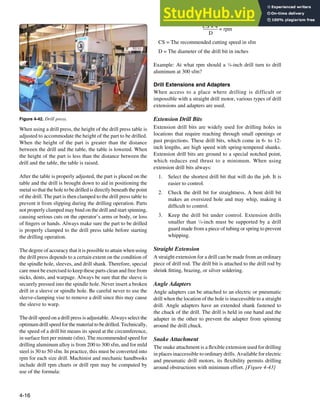 4-16
Figure 4-42. Drill press.
When using a drill press, the height of the drill press table is
adjusted to accommodate the height of the part to be drilled.
When the height of the part is greater than the distance
between the drill and the table, the table is lowered. When
the height of the part is less than the distance between the
drill and the table, the table is raised.
After the table is properly adjusted, the part is placed on the
table and the drill is brought down to aid in positioning the
metal so that the hole to be drilled is directly beneath the point
of the drill. The part is then clamped to the drill press table to
prevent it from slipping during the drilling operation. Parts
not properly clamped may bind on the drill and start spinning,
causing serious cuts on the operator’s arms or body, or loss
of ingers or hands. Always make sure the part to be drilled
is properly clamped to the drill press table before starting
the drilling operation.
The degree of accuracy that it is possible to attain when using
the drill press depends to a certain extent on the condition of
the spindle hole, sleeves, and drill shank. Therefore, special
care must be exercised to keep these parts clean and free from
nicks, dents, and warpage. Always be sure that the sleeve is
securely pressed into the spindle hole. Never insert a broken
drill in a sleeve or spindle hole. Be careful never to use the
sleeve-clamping vise to remove a drill since this may cause
the sleeve to warp.
The drill speed on a drill press is adjustable. Always select the
optimum drill speed for the material to be drilled. Technically,
the speed of a drill bit means its speed at the circumference,
in surface feet per minute (sfm). The recommended speed for
drilling aluminum alloy is from 200 to 300 sfm, and for mild
steel is 30 to 50 sfm. In practice, this must be converted into
rpm for each size drill. Machinist and mechanic handbooks
include drill rpm charts or drill rpm may be computed by
use of the formula:
CS × 4
= rpm
D
CS = The recommended cutting speed in sfm
D = The diameter of the drill bit in inches
Example: At what rpm should a 1
⁄8-inch drill turn to drill
aluminum at 300 sfm?
Drill Extensions and Adapters
When access to a place where drilling is difficult or
impossible with a straight drill motor, various types of drill
extensions and adapters are used.
Extension Drill Bits
Extension drill bits are widely used for drilling holes in
locations that require reaching through small openings or
past projections. These drill bits, which come in 6- to 12-
inch lengths, are high speed with spring-tempered shanks.
Extension drill bits are ground to a special notched point,
which reduces end thrust to a minimum. When using
extension drill bits always:
1. Select the shortest drill bit that will do the job. It is
easier to control.
2. Check the drill bit for straightness. A bent drill bit
makes an oversized hole and may whip, making it
dificult to control.
3. Keep the drill bit under control. Extension drills
smaller than 1
⁄4-inch must be supported by a drill
guard made from a piece of tubing or spring to prevent
whipping.
Straight Extension
A straight extension for a drill can be made from an ordinary
piece of drill rod. The drill bit is attached to the drill rod by
shrink itting, brazing, or silver soldering.
Angle Adapters
Angle adapters can be attached to an electric or pneumatic
drill when the location of the hole is inaccessible to a straight
drill. Angle adapters have an extended shank fastened to
the chuck of the drill. The drill is held in one hand and the
adapter in the other to prevent the adapter from spinning
around the drill chuck.
Snake Attachment
The snake attachment is a lexible extension used for drilling
in places inaccessible to ordinary drills. Available for electric
and pneumatic drill motors, its lexibility permits drilling
around obstructions with minimum effort. [Figure 4-43]
 
